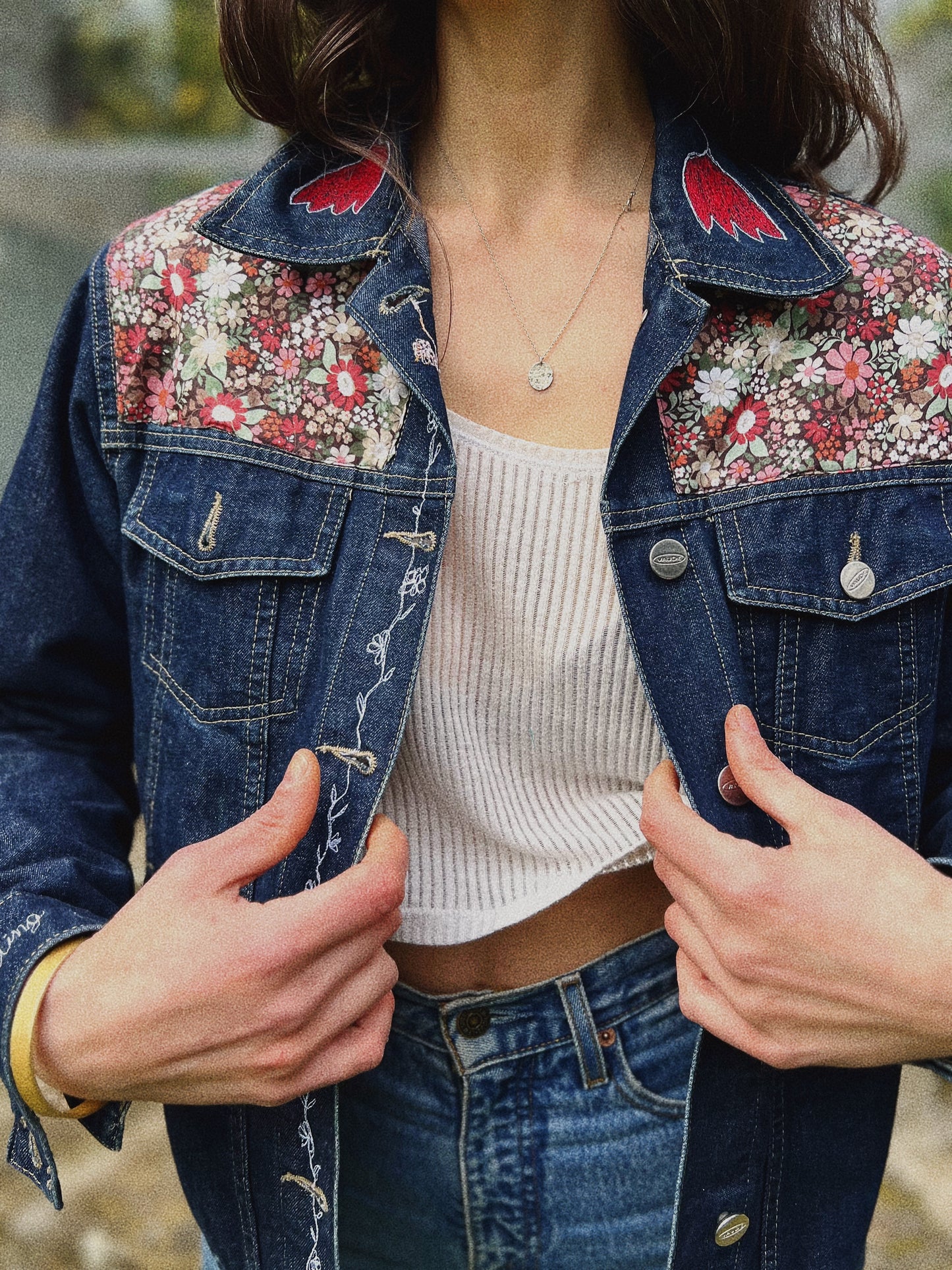 Jeans jacket ✨ Upcycled block printed patchwork Size S/M (Worn by a size S)