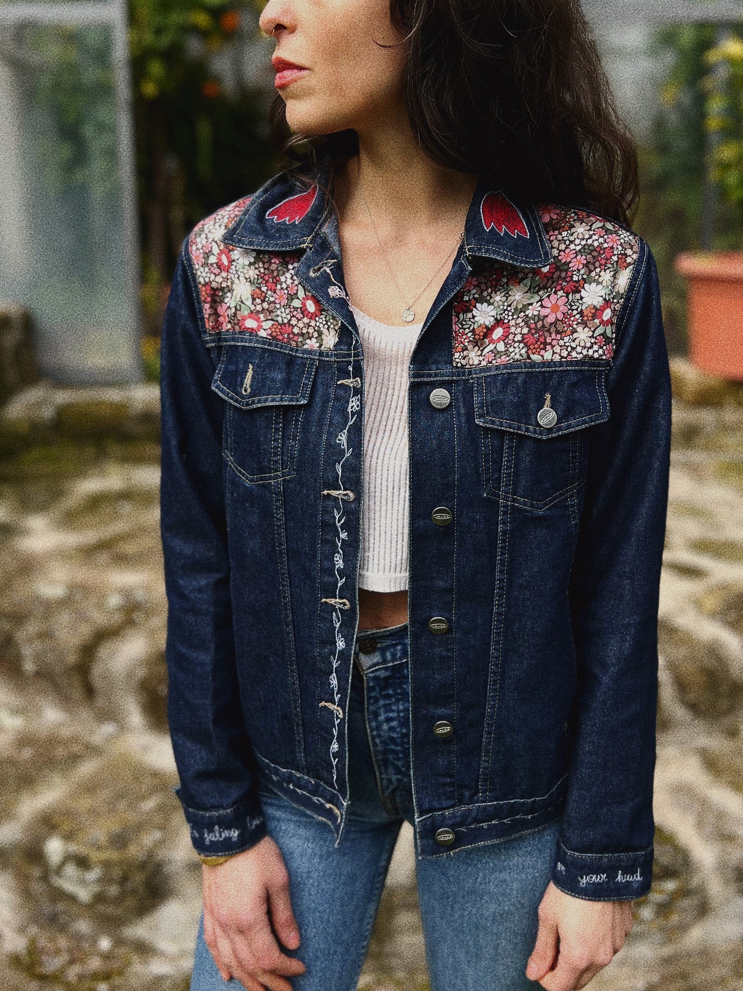 Jeans jacket ✨ Upcycled block printed patchwork Size S/M (Worn by a size S)