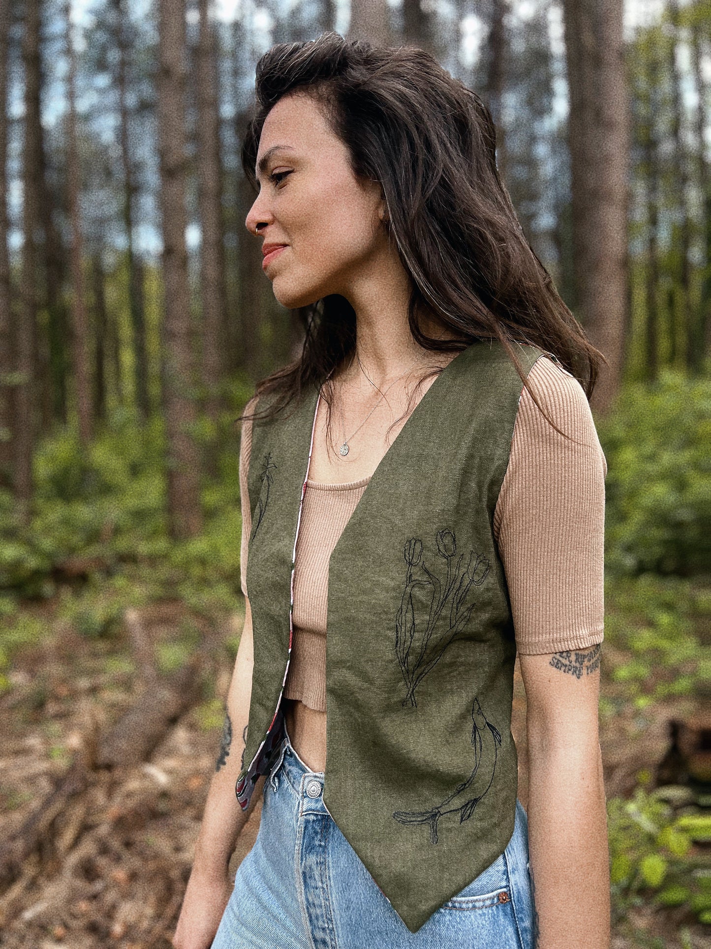 Embroidered Linen and natural block printed cotton vest size XS/S