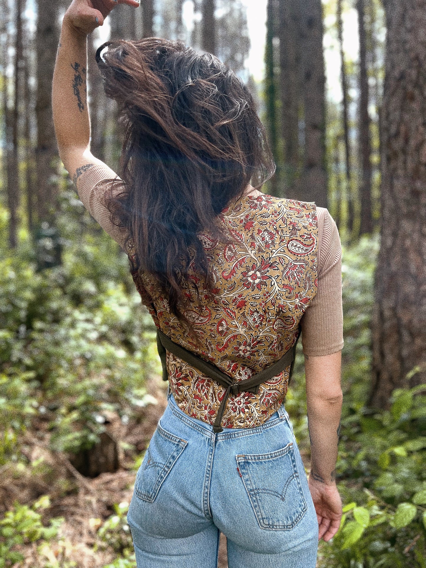 Embroidered Linen and natural block printed cotton vest size XS/S