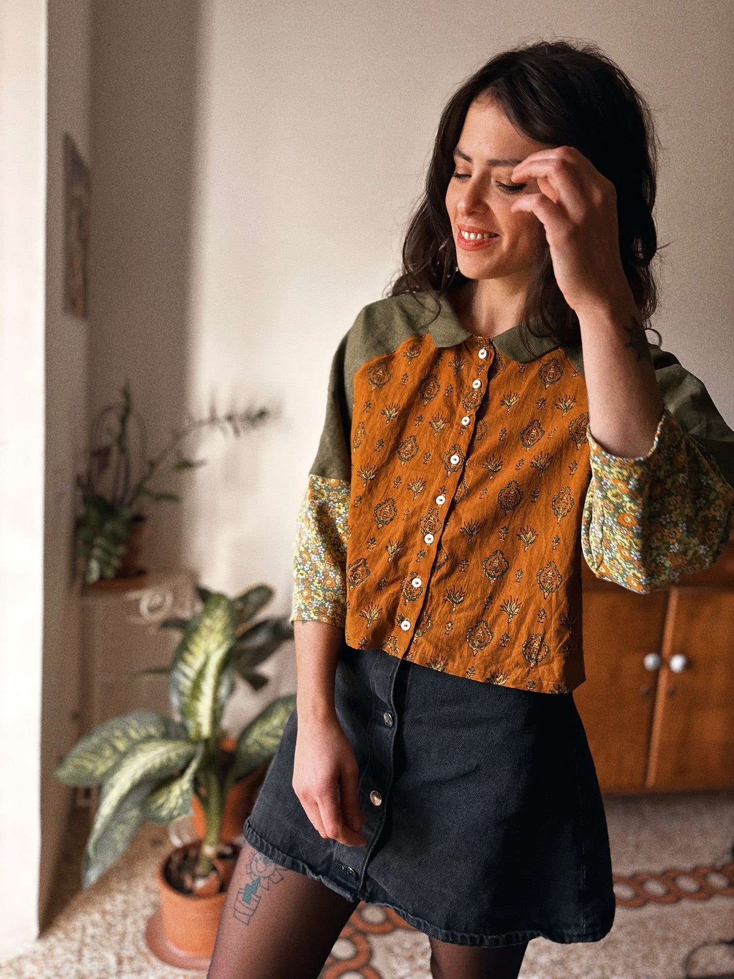 Block-printed Indian cotton and linen Blouse