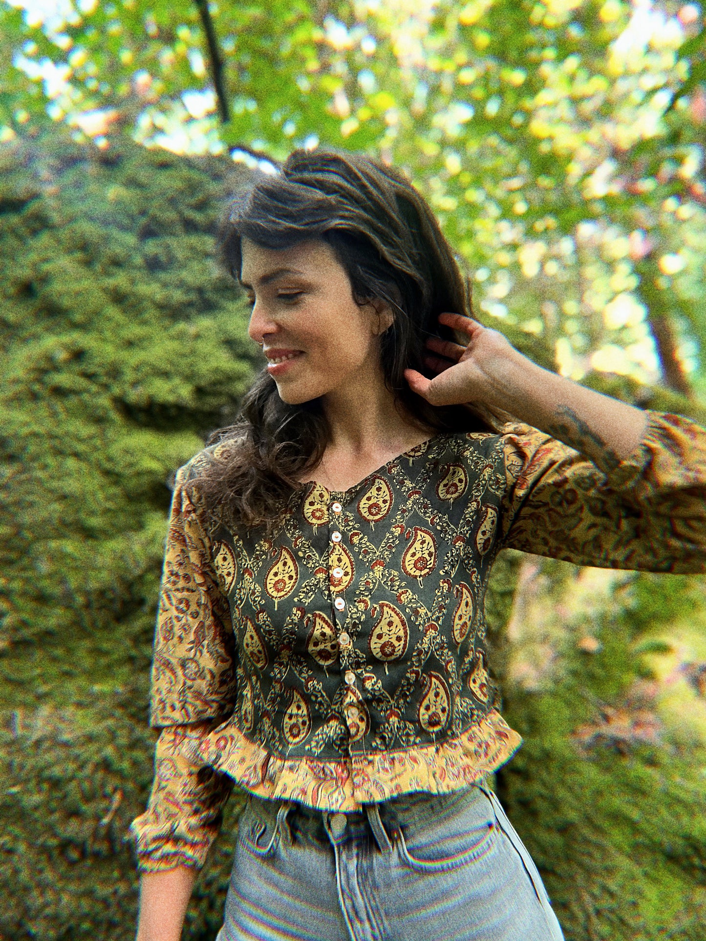 Block printed Saree Top with long sleeves