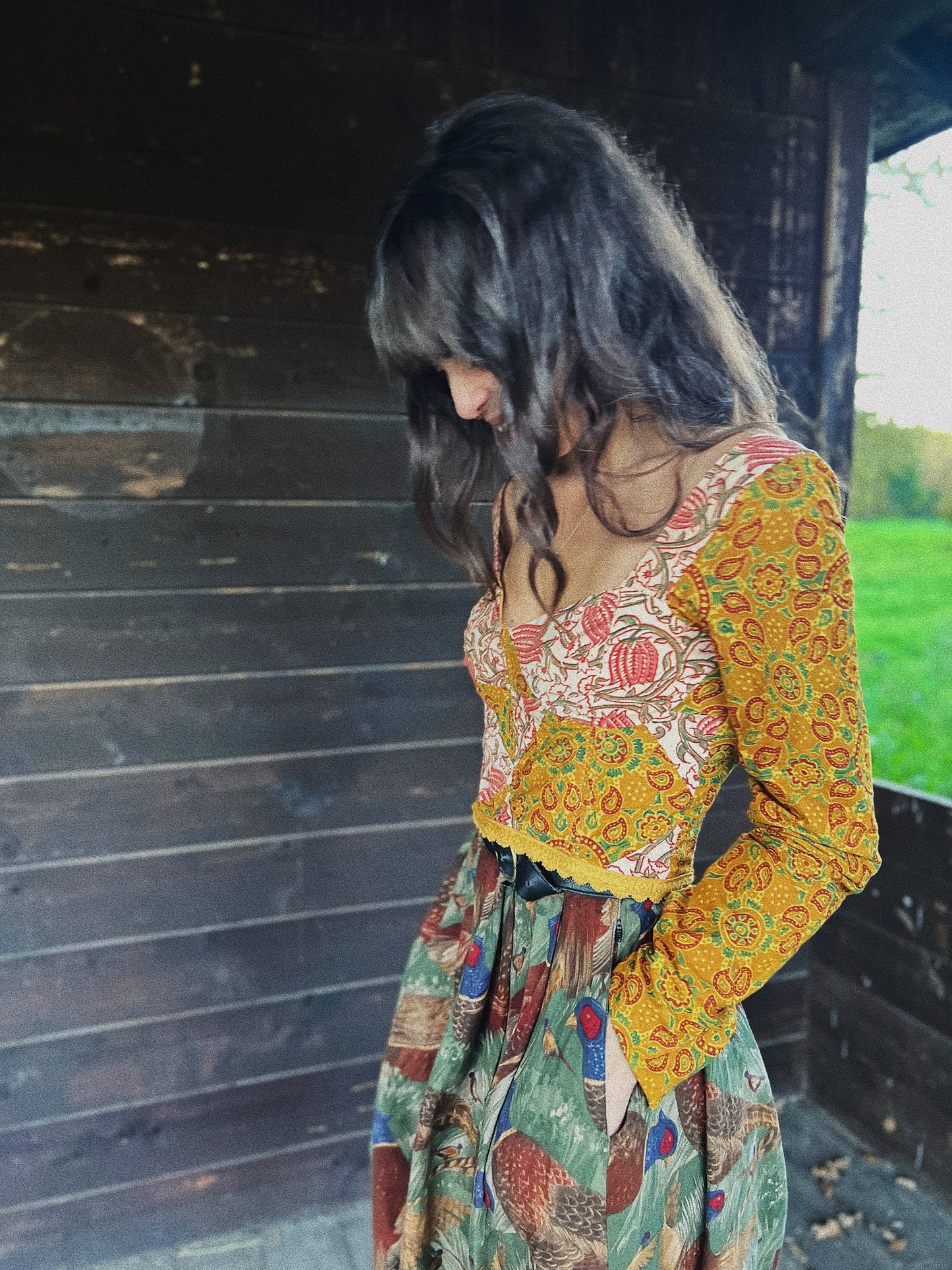 Corset ✨ Patchwork long sleeve hand block printed cotton and linen corset with boning