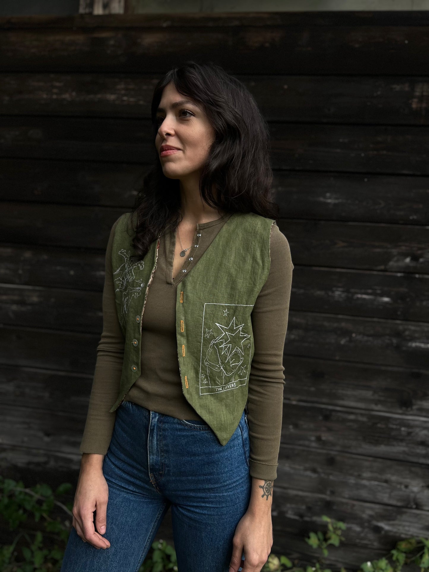 Embroidered Linen and natural block printed cotton vest size S