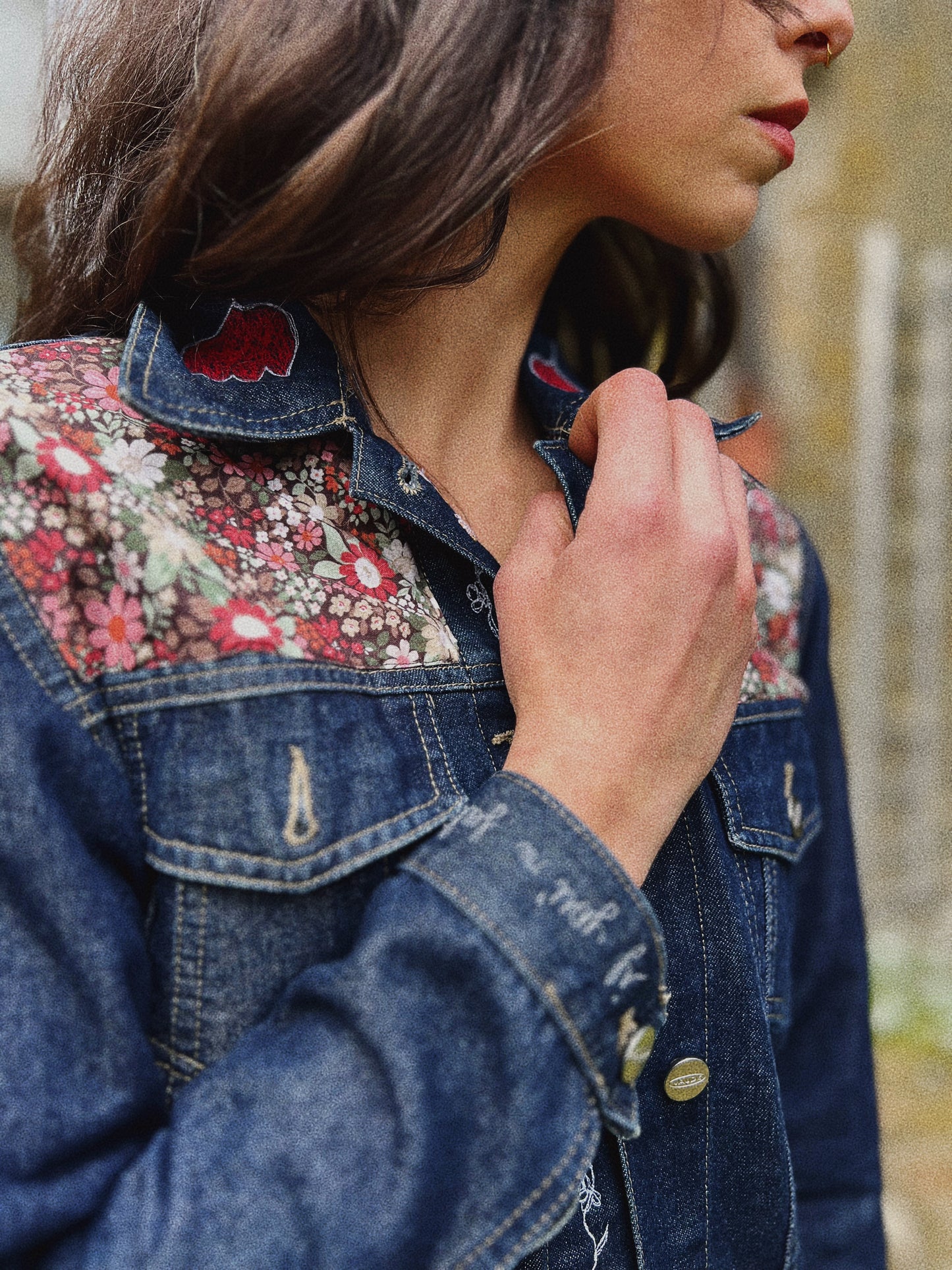 Jeans jacket ✨ Upcycled block printed patchwork Size S/M (Worn by a size S)