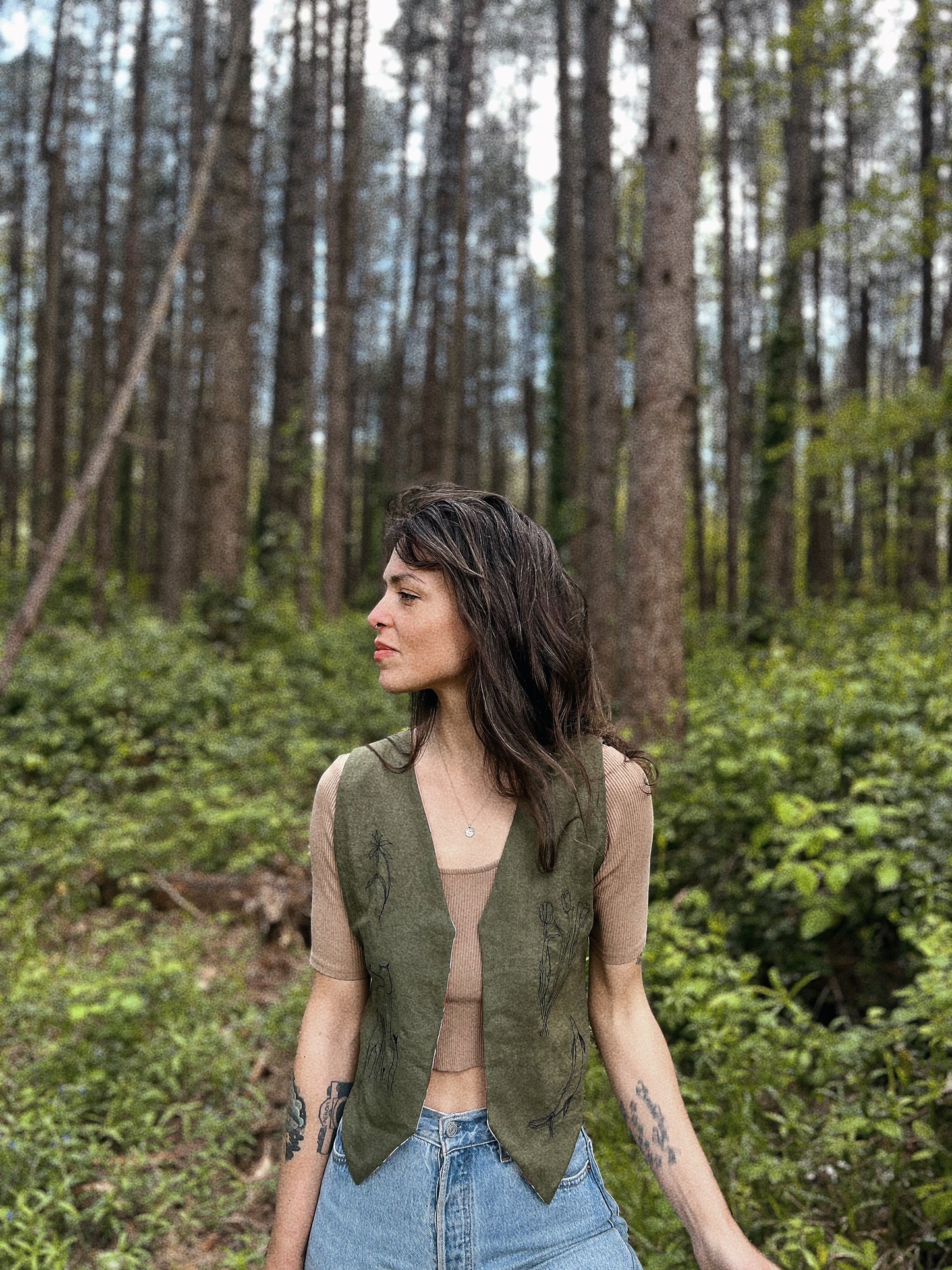Embroidered Linen and natural block printed cotton vest size XS/S