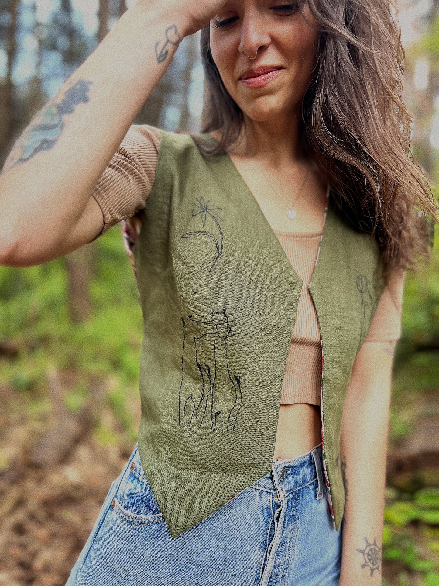 Embroidered Linen and natural block printed cotton vest size XS/S