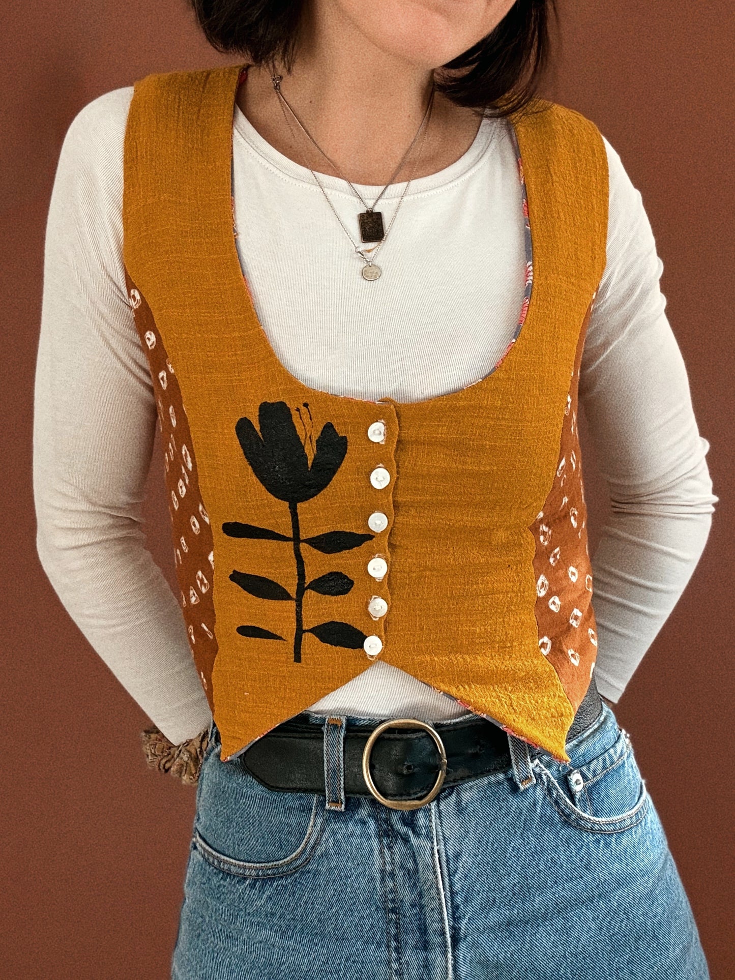 George vest ~ Stencil printed cotton and natural block printed cotton vest size S/M