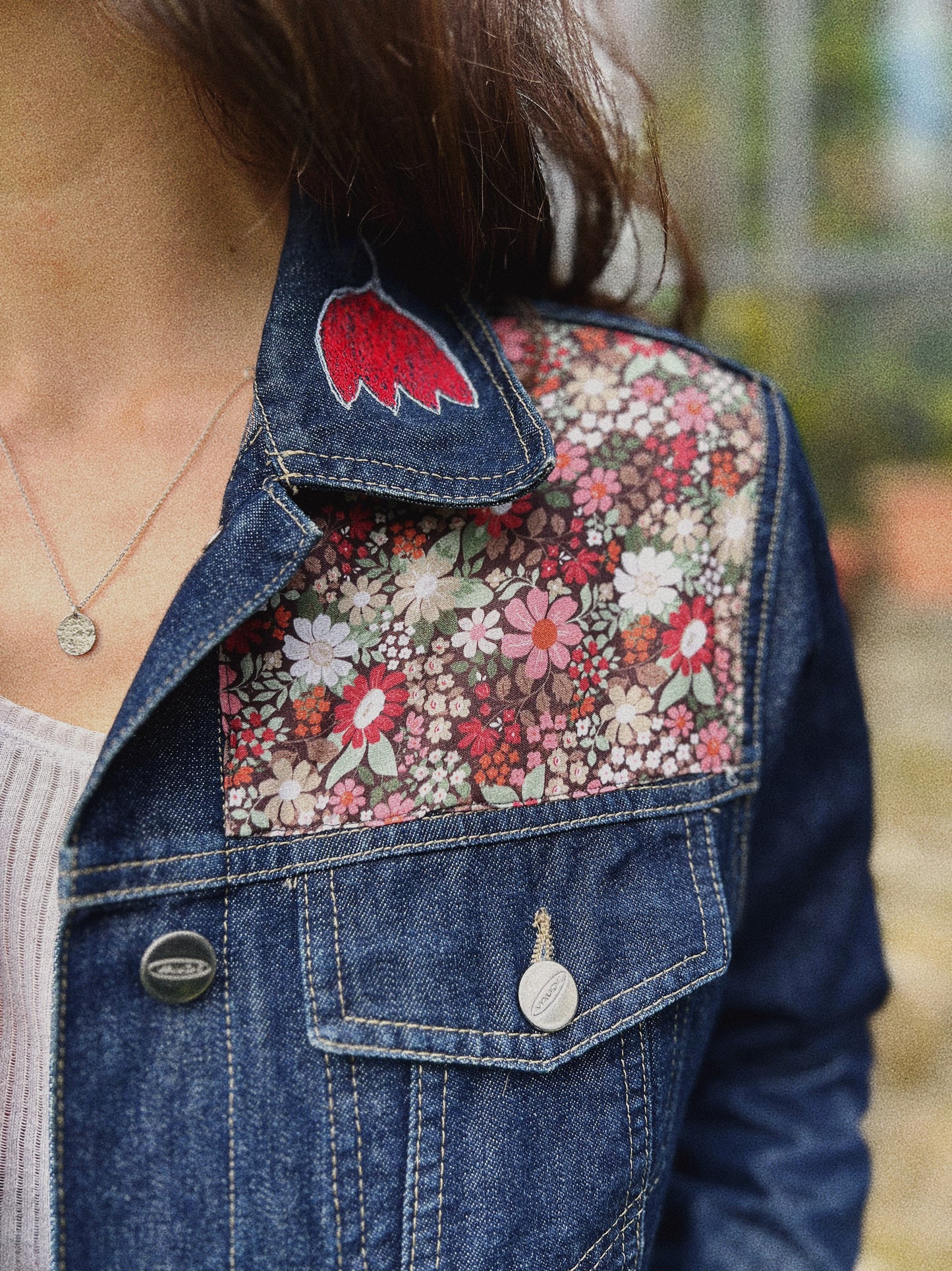 Jeans jacket ✨ Upcycled block printed patchwork Size S/M (Worn by a size S)