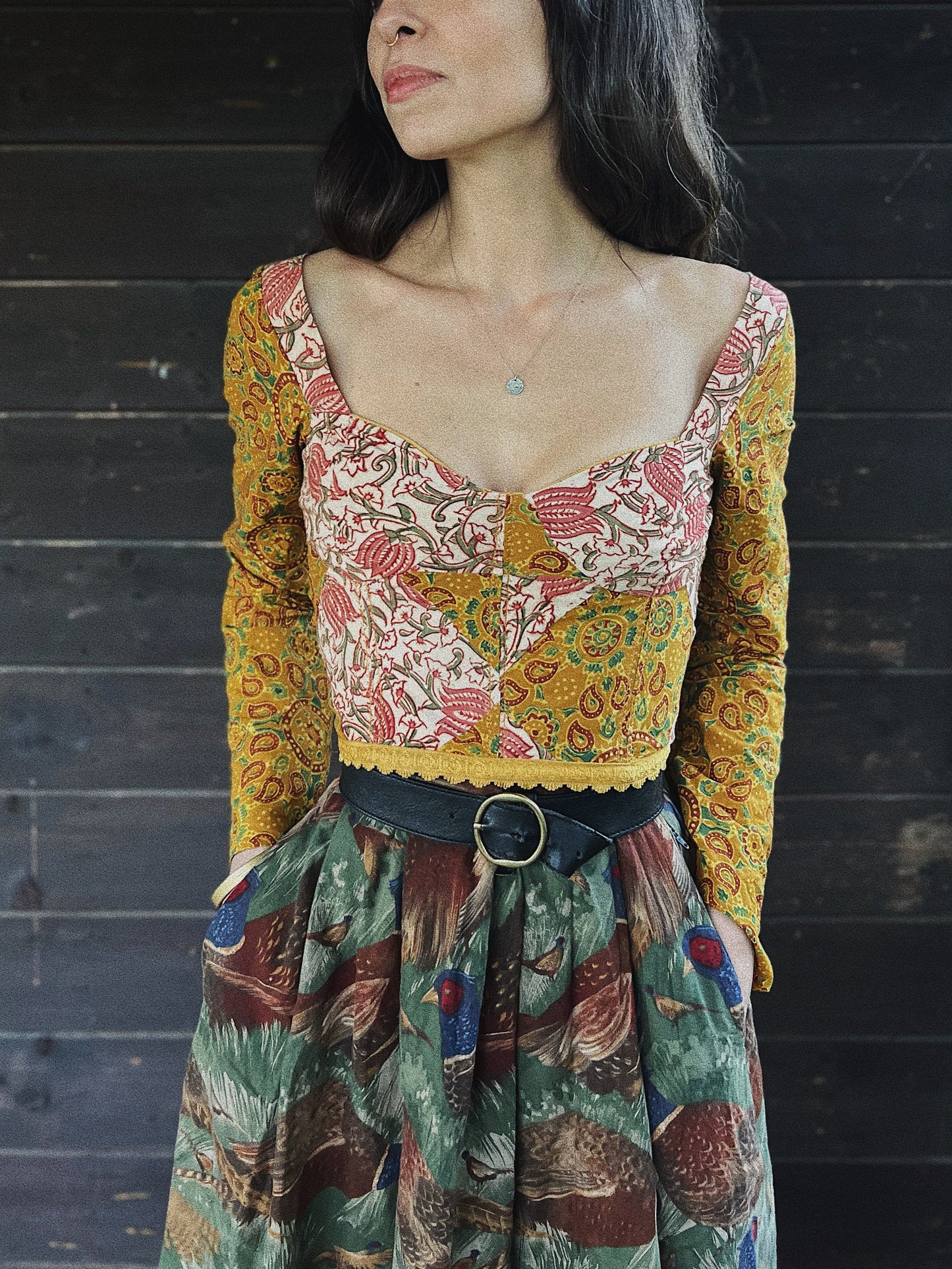 Corset ✨ Patchwork long sleeve hand block printed cotton and linen corset with boning