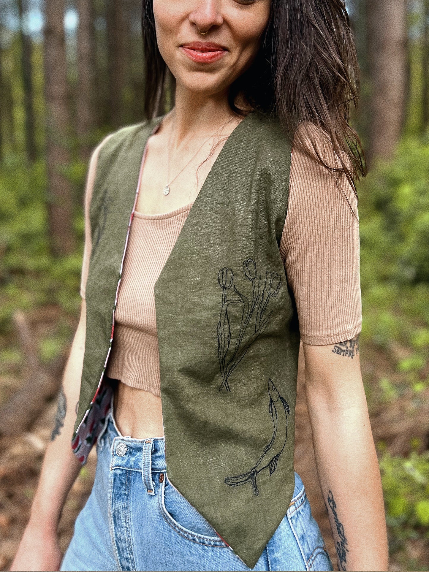 Embroidered Linen and natural block printed cotton vest size XS/S
