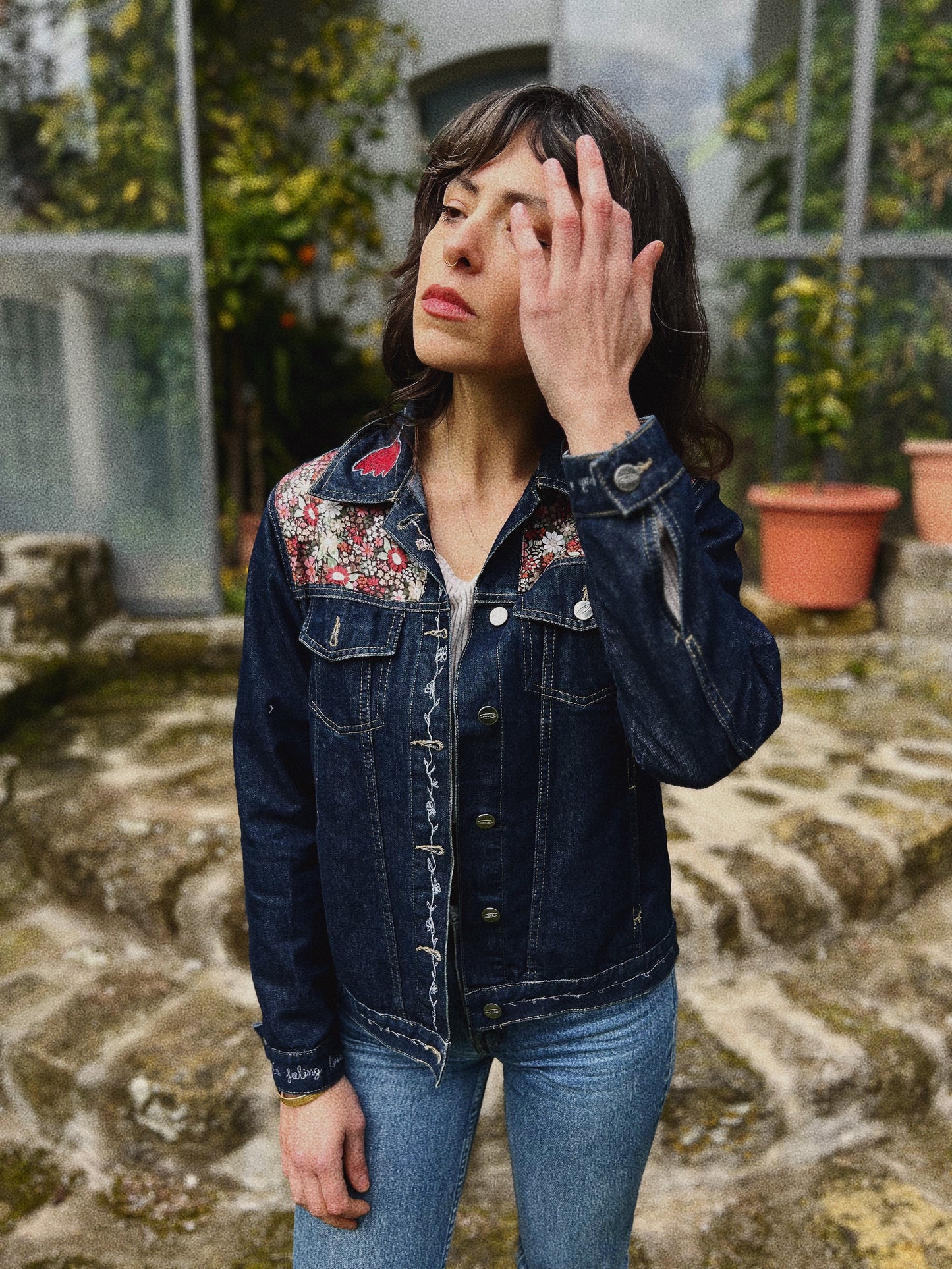 Jeans jacket ✨ Upcycled block printed patchwork Size S/M (Worn by a size S)