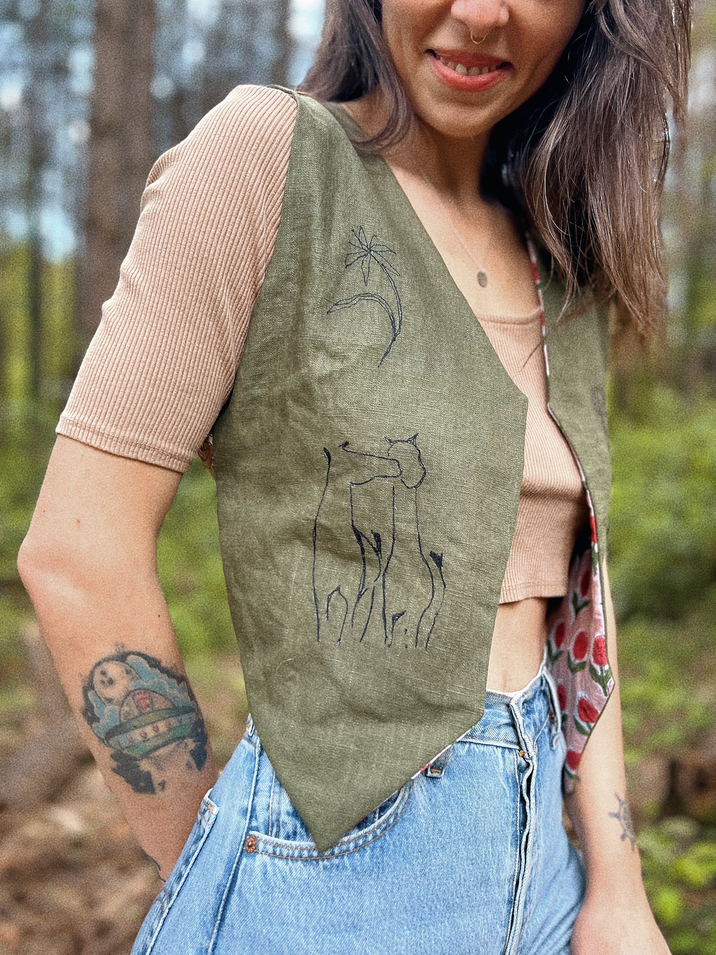 Embroidered Linen and natural block printed cotton vest size XS/S