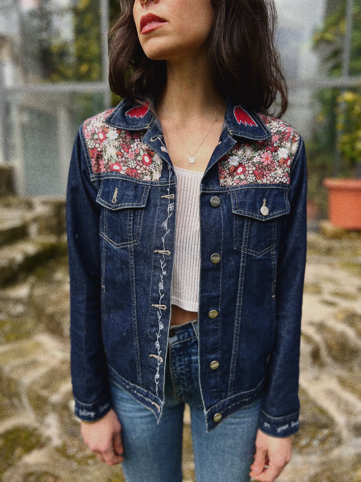 Jeans jacket ✨ Upcycled block printed patchwork Size S/M (Worn by a size S)