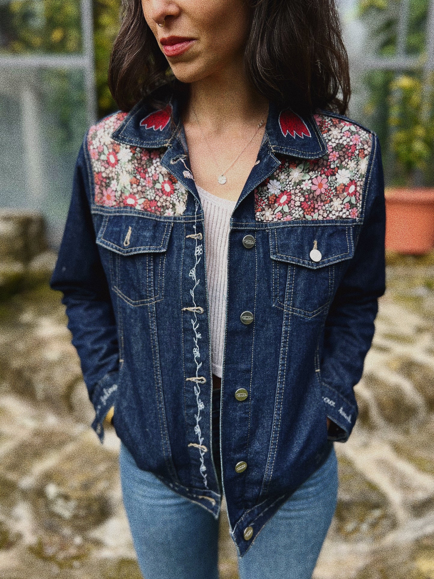 Jeans jacket ✨ Upcycled block printed patchwork Size S/M (Worn by a size S)