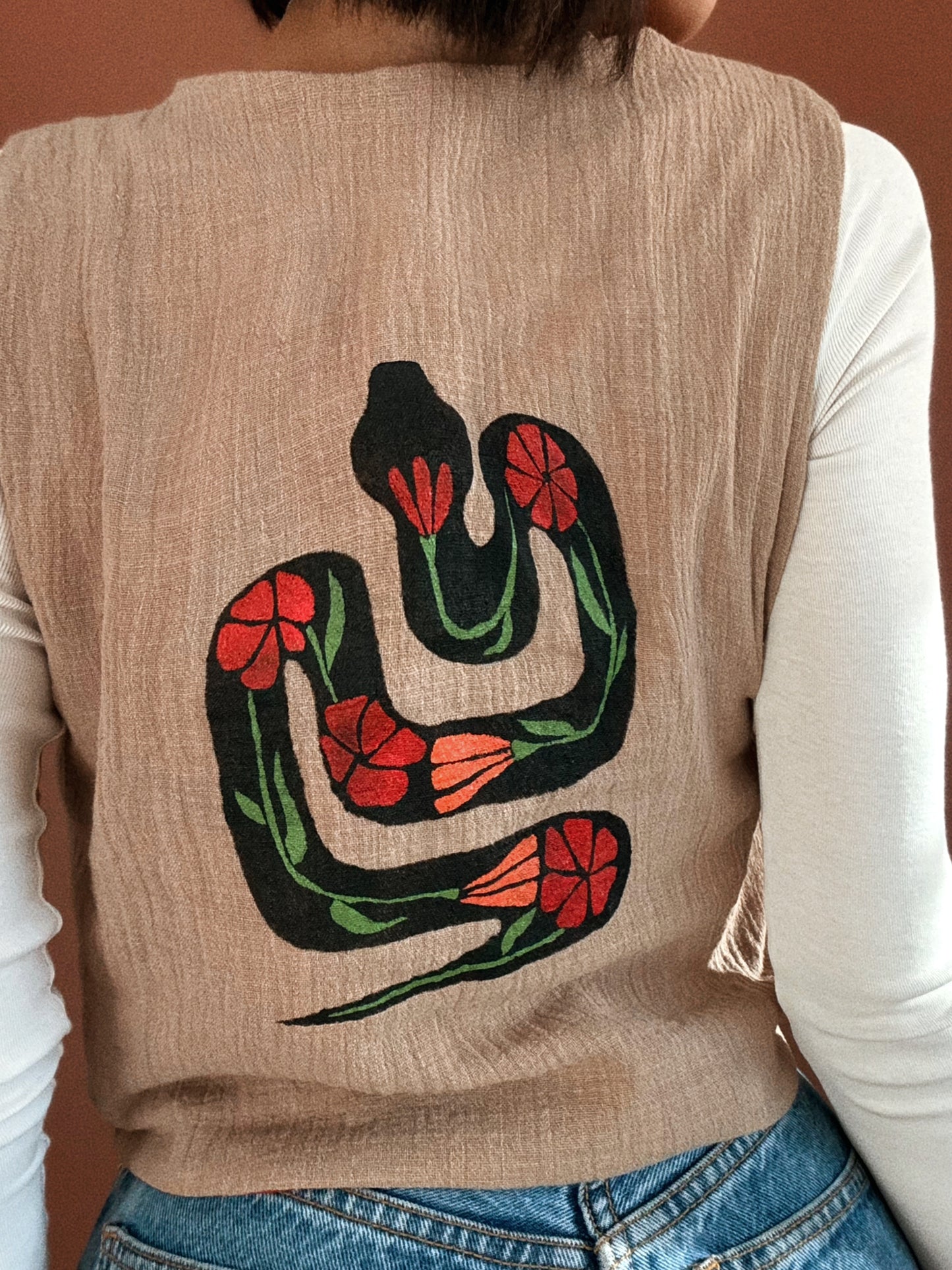 George vest ~ Stencil printed Linen and natural block printed cotton vest size S/M