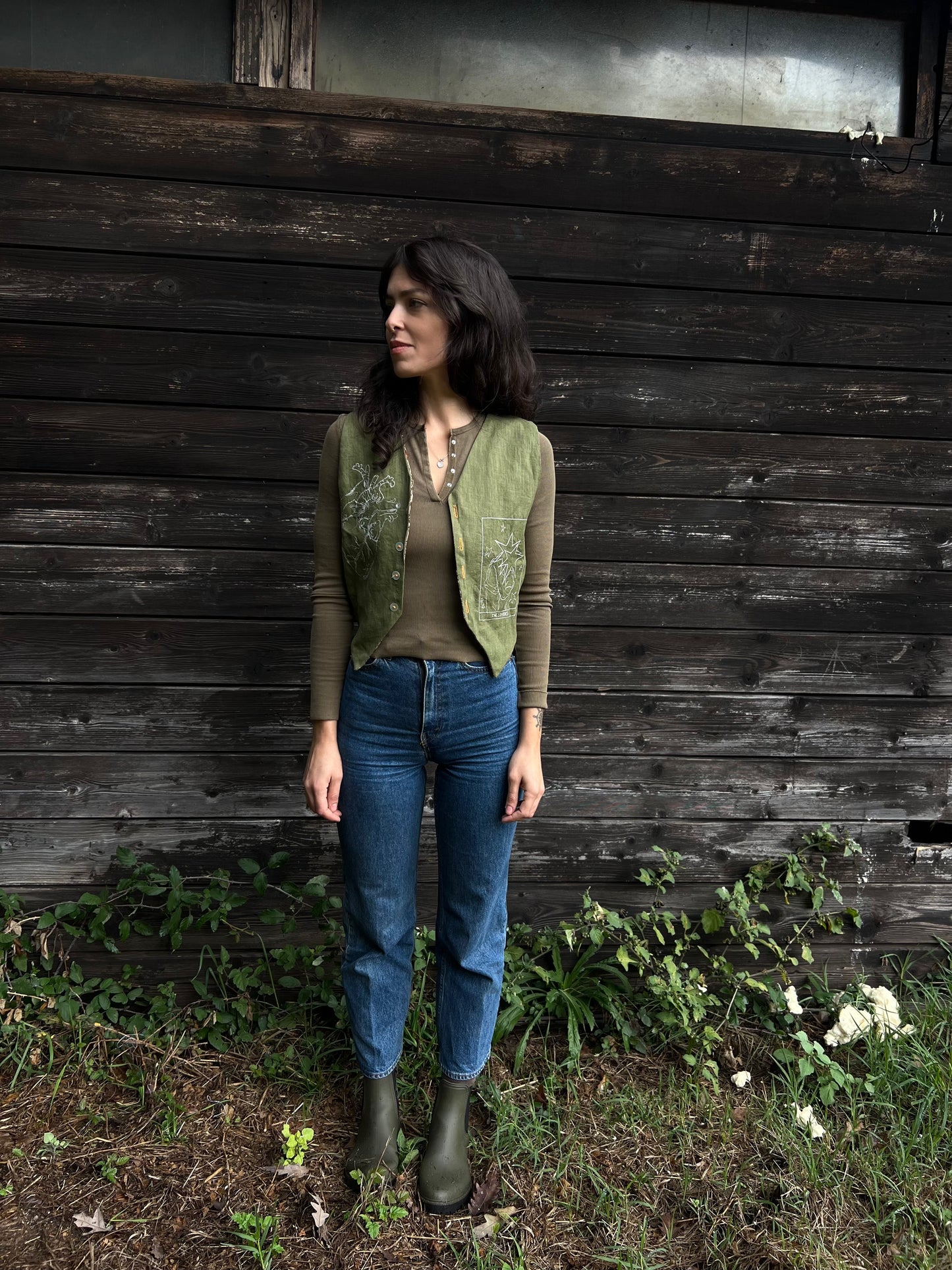 Embroidered Linen and natural block printed cotton vest size S