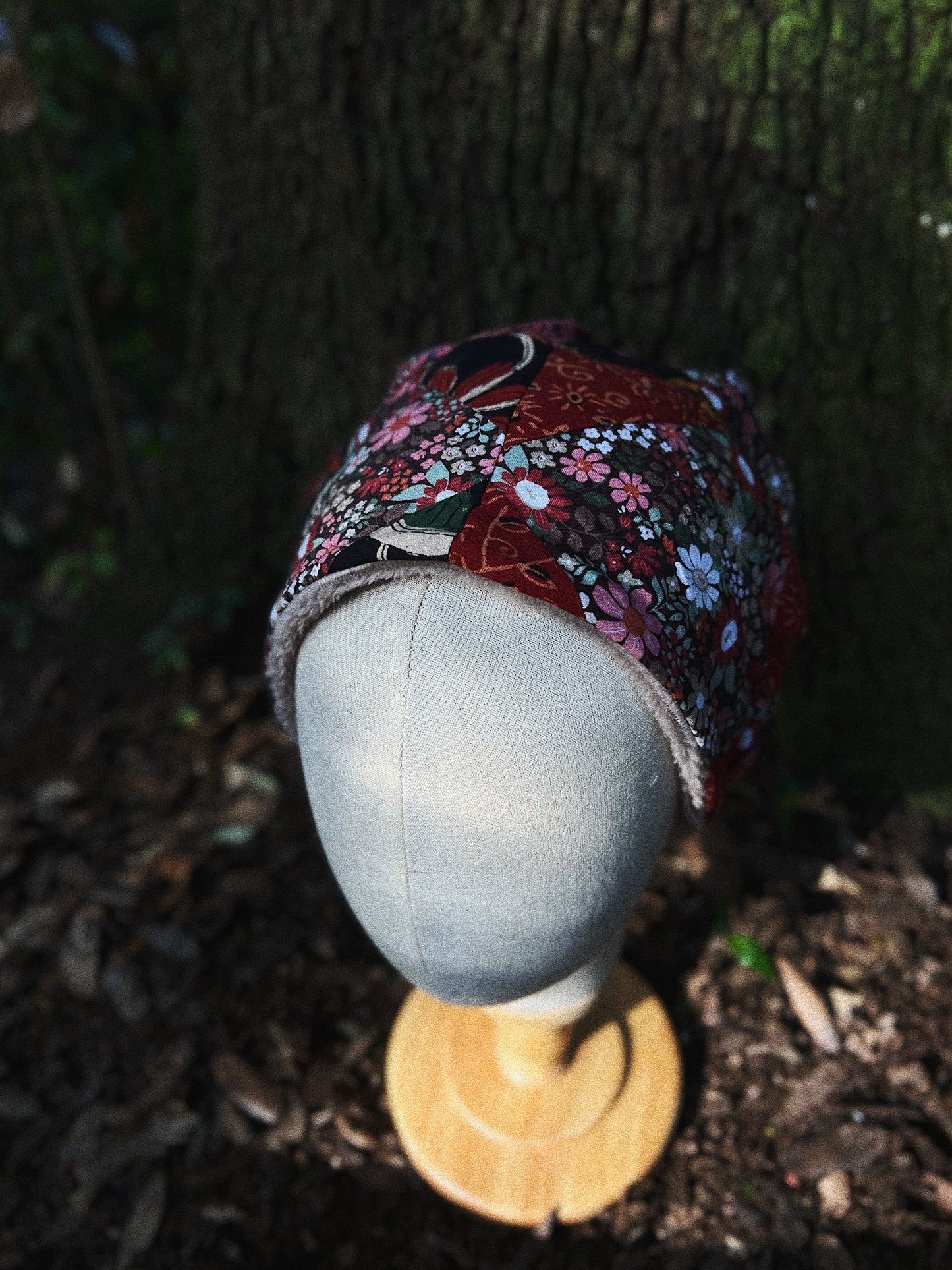 Quilted block printed cotton and fleece beanie hat