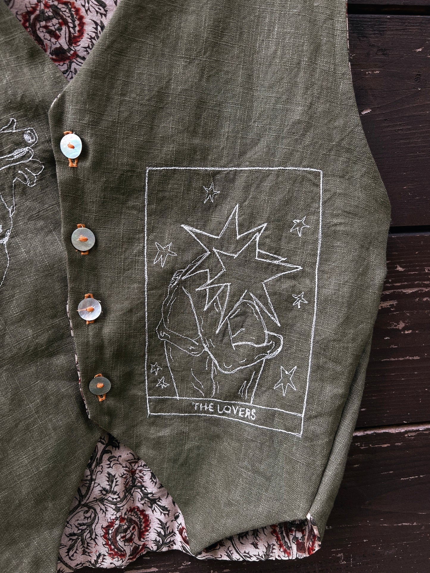 Embroidered Linen and natural block printed cotton vest size S