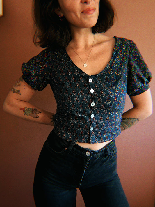 Block-printed Indian cotton short sleeves blouse ✨ ONE PIECE size S
