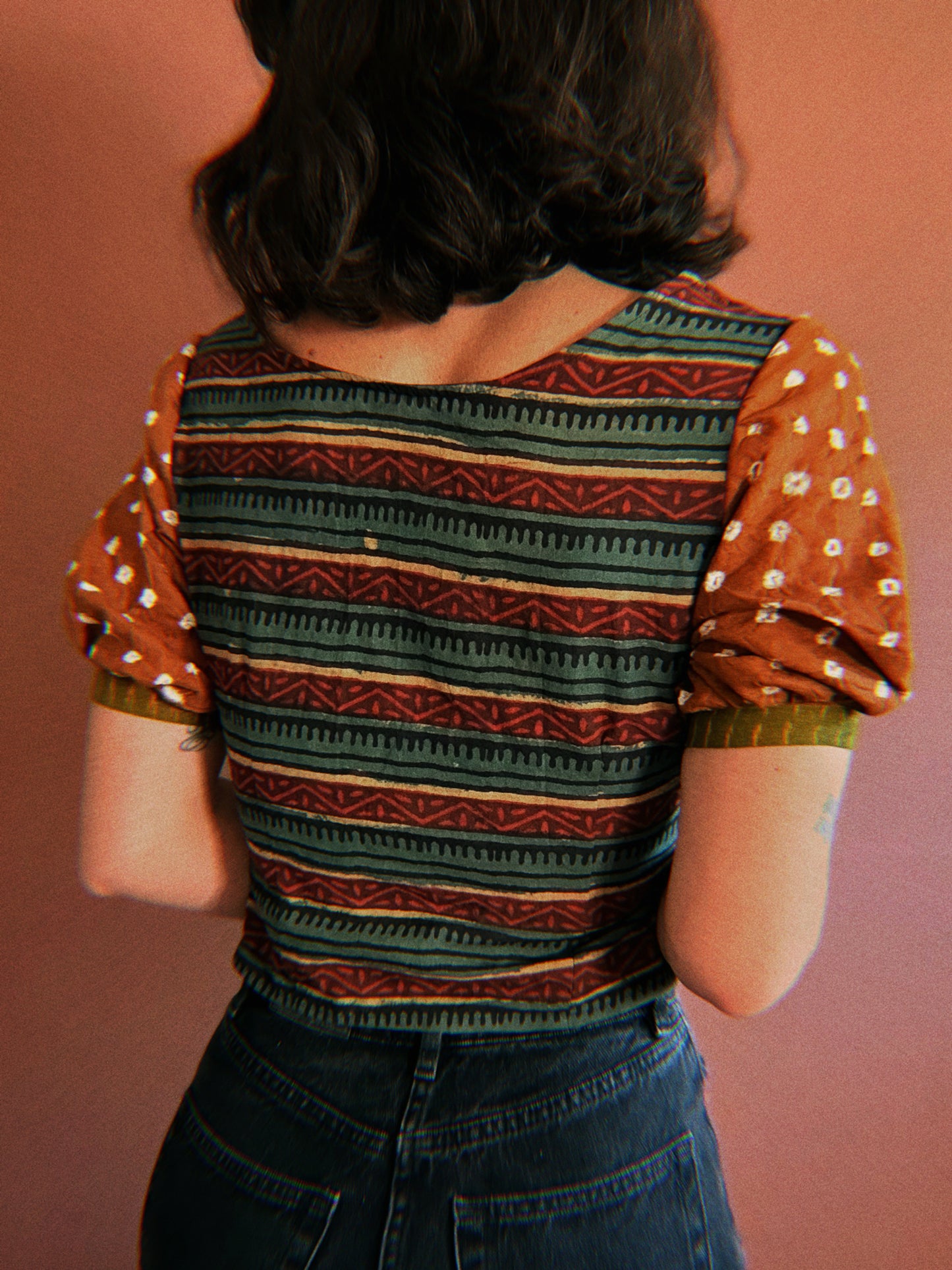 Block-printed Indian cotton short sleeves blouse ✨ ONE PIECE size M