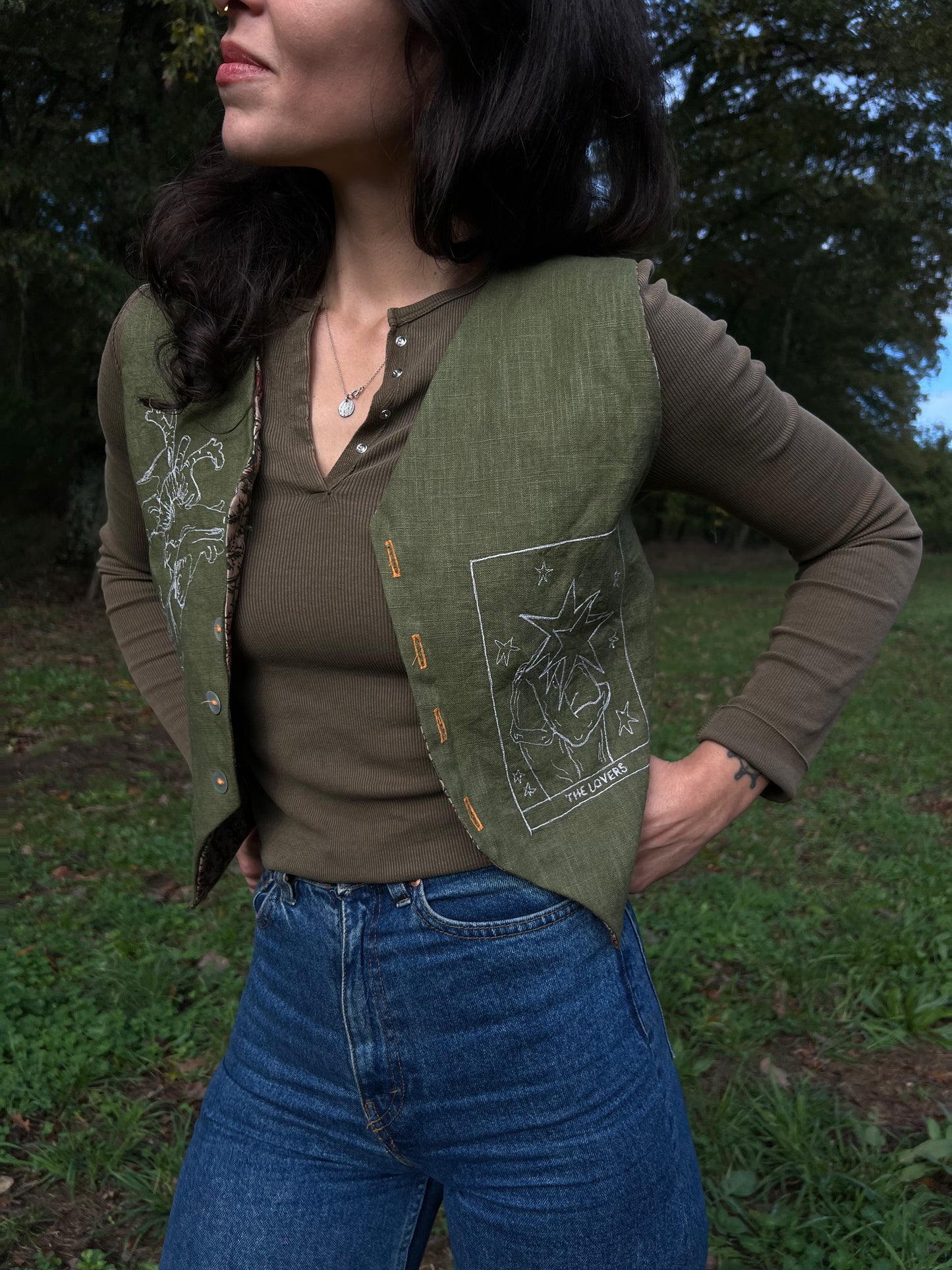 Embroidered Linen and natural block printed cotton vest size S