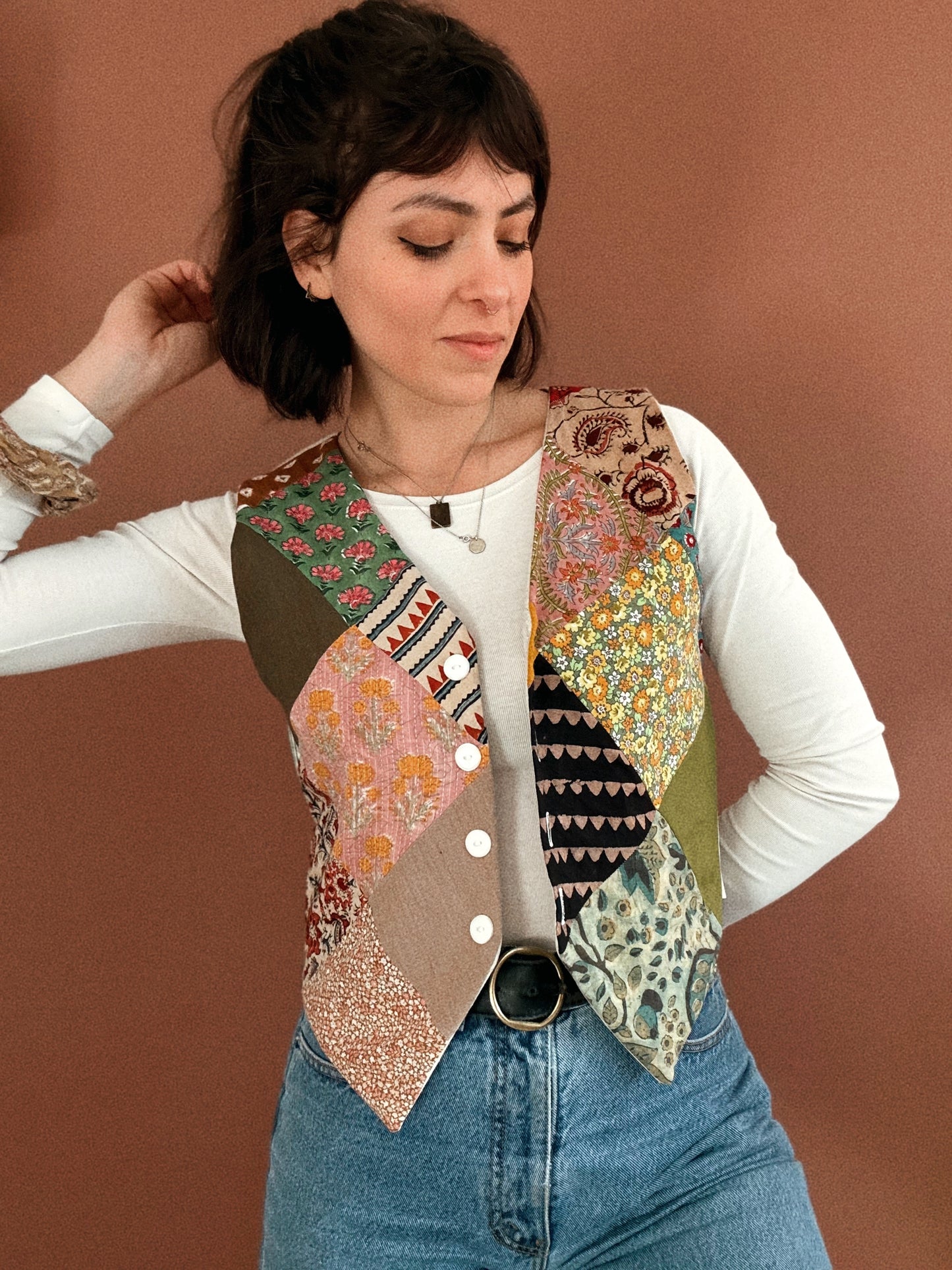 George vest ~ Stencil printed cotton and parchwork block printed vest size S/M