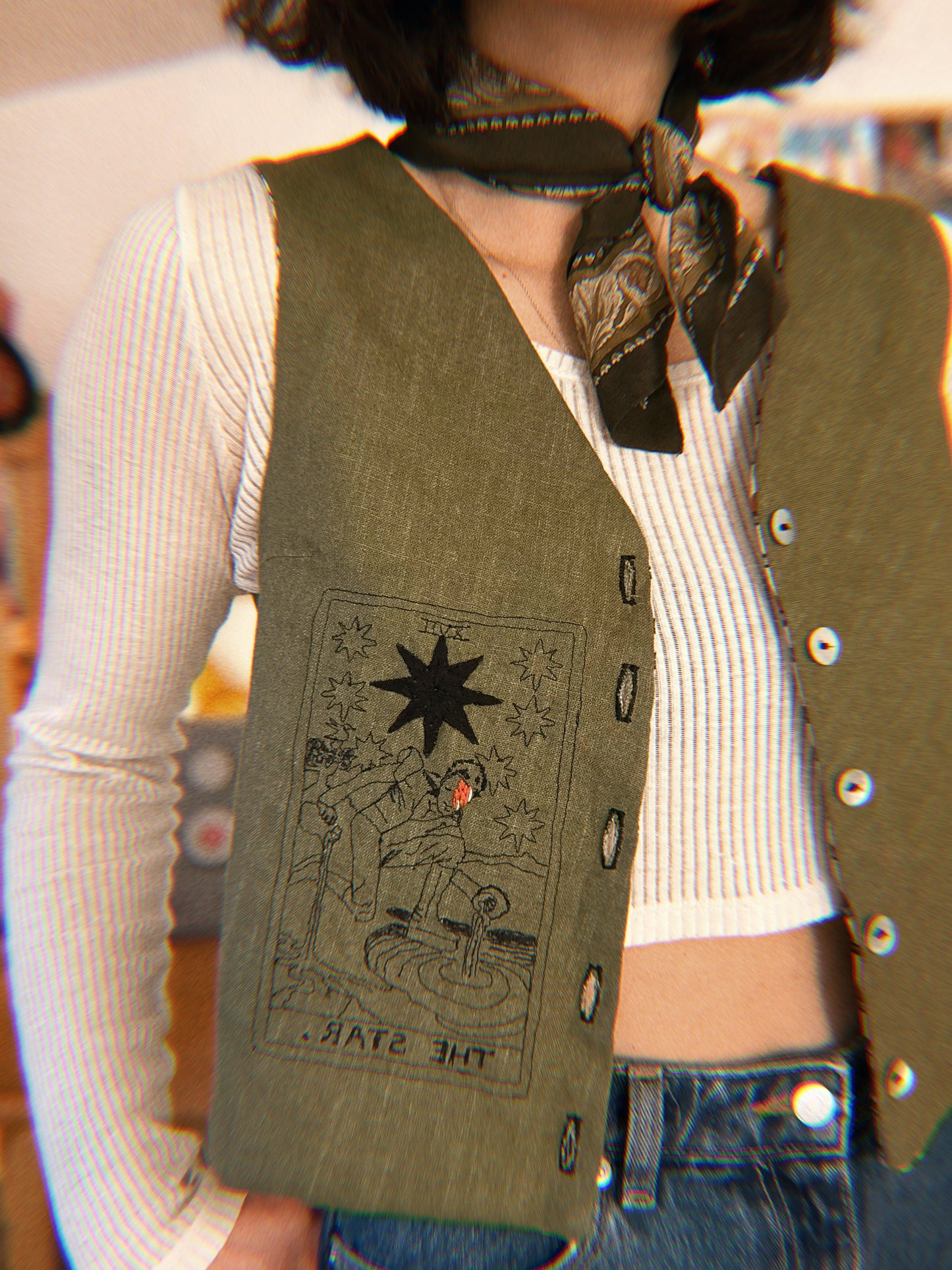 David Bowie ✨ Embroidered Linen and natural block printed cotton vest size S/M