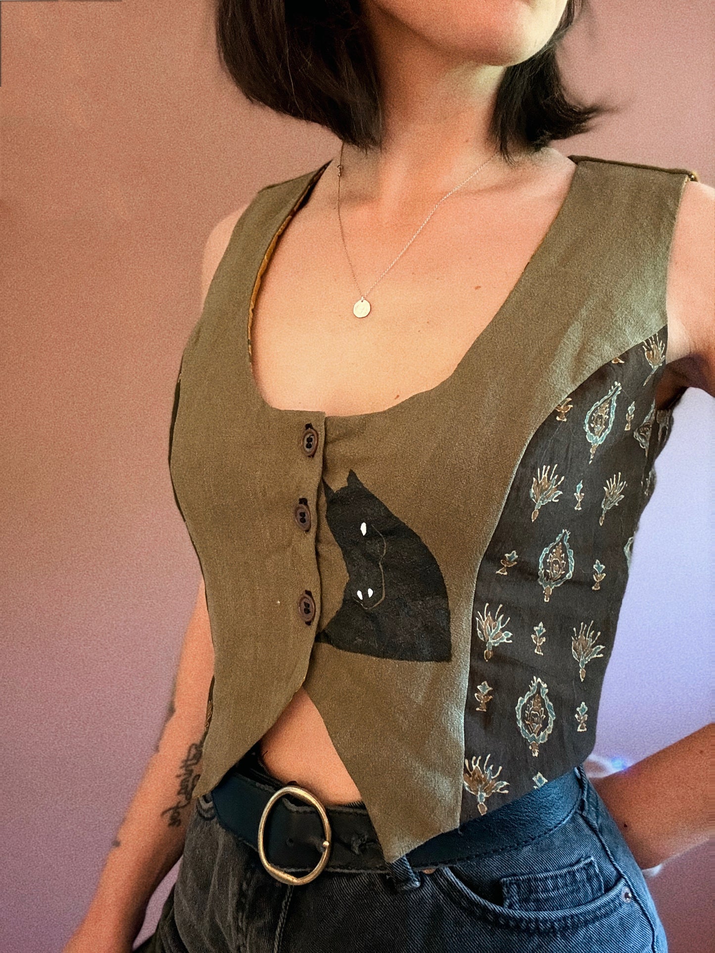 George vest ~ Stencil printed linen and vintage fabric vest size S/M