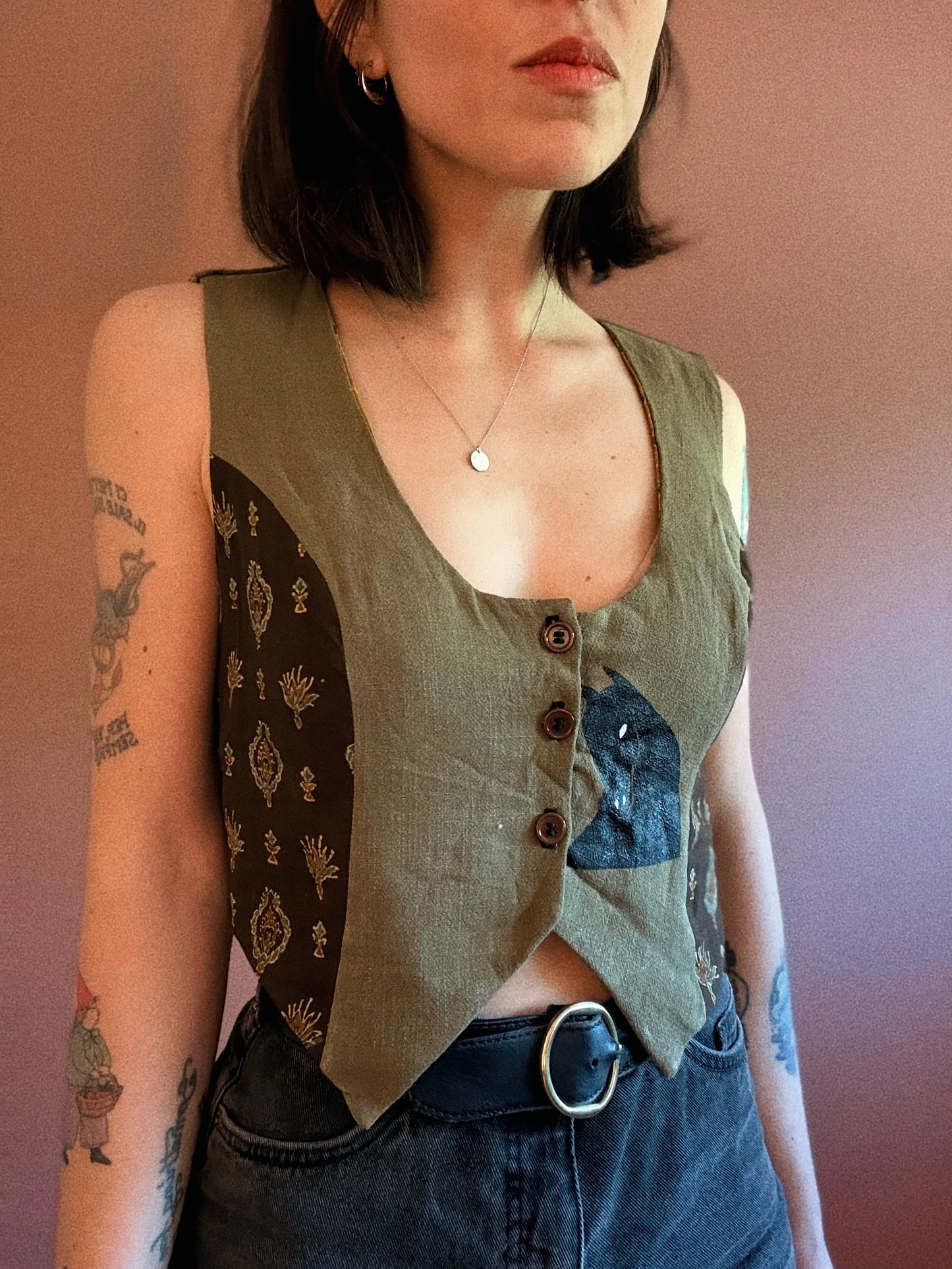 George vest ~ Stencil printed linen and vintage fabric vest size S/M