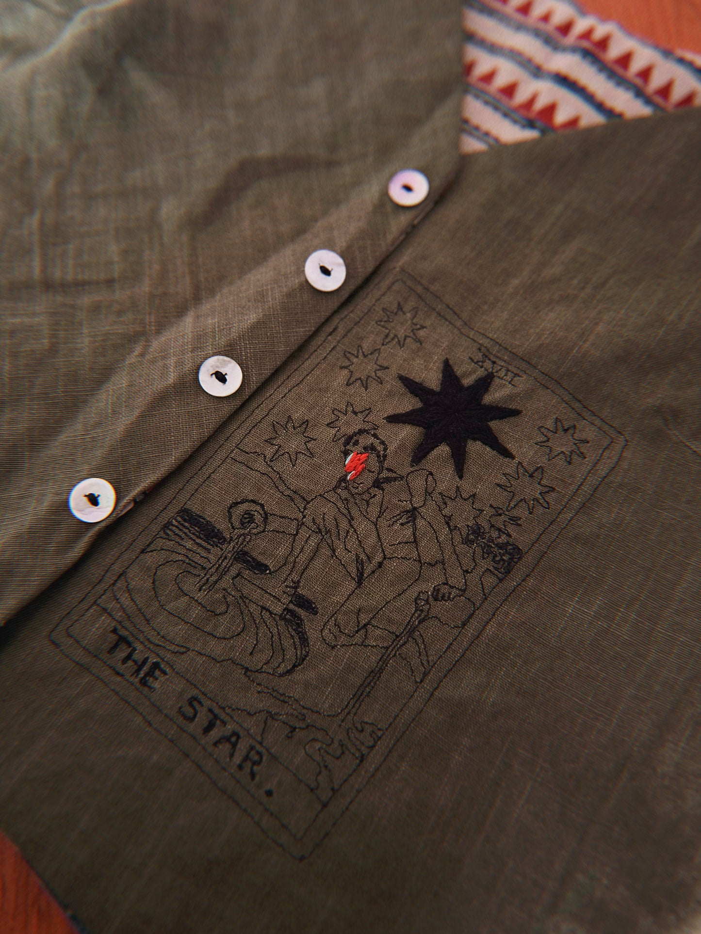 David Bowie ✨ Embroidered Linen and natural block printed cotton vest size S/M