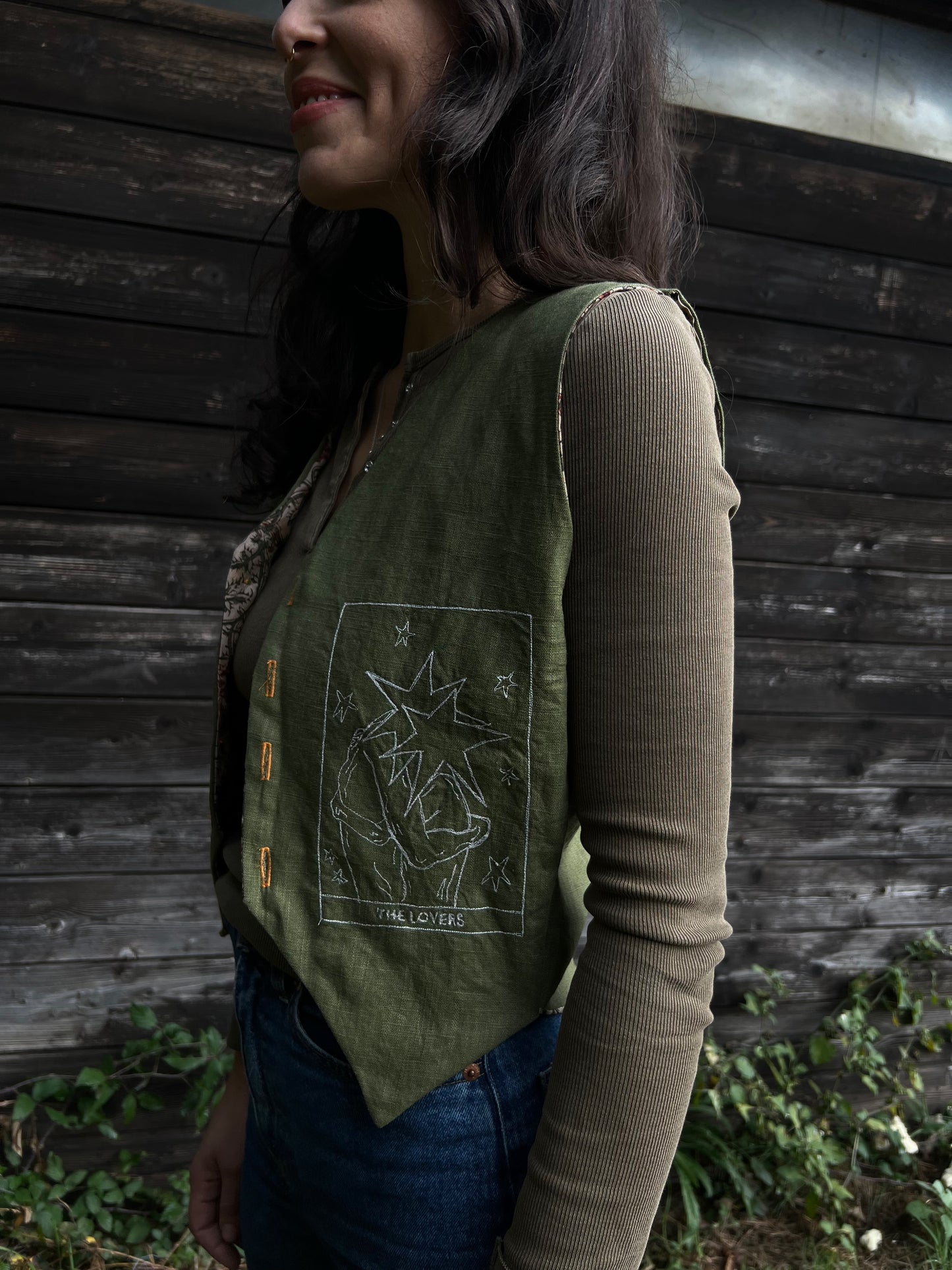 Embroidered Linen and natural block printed cotton vest size S