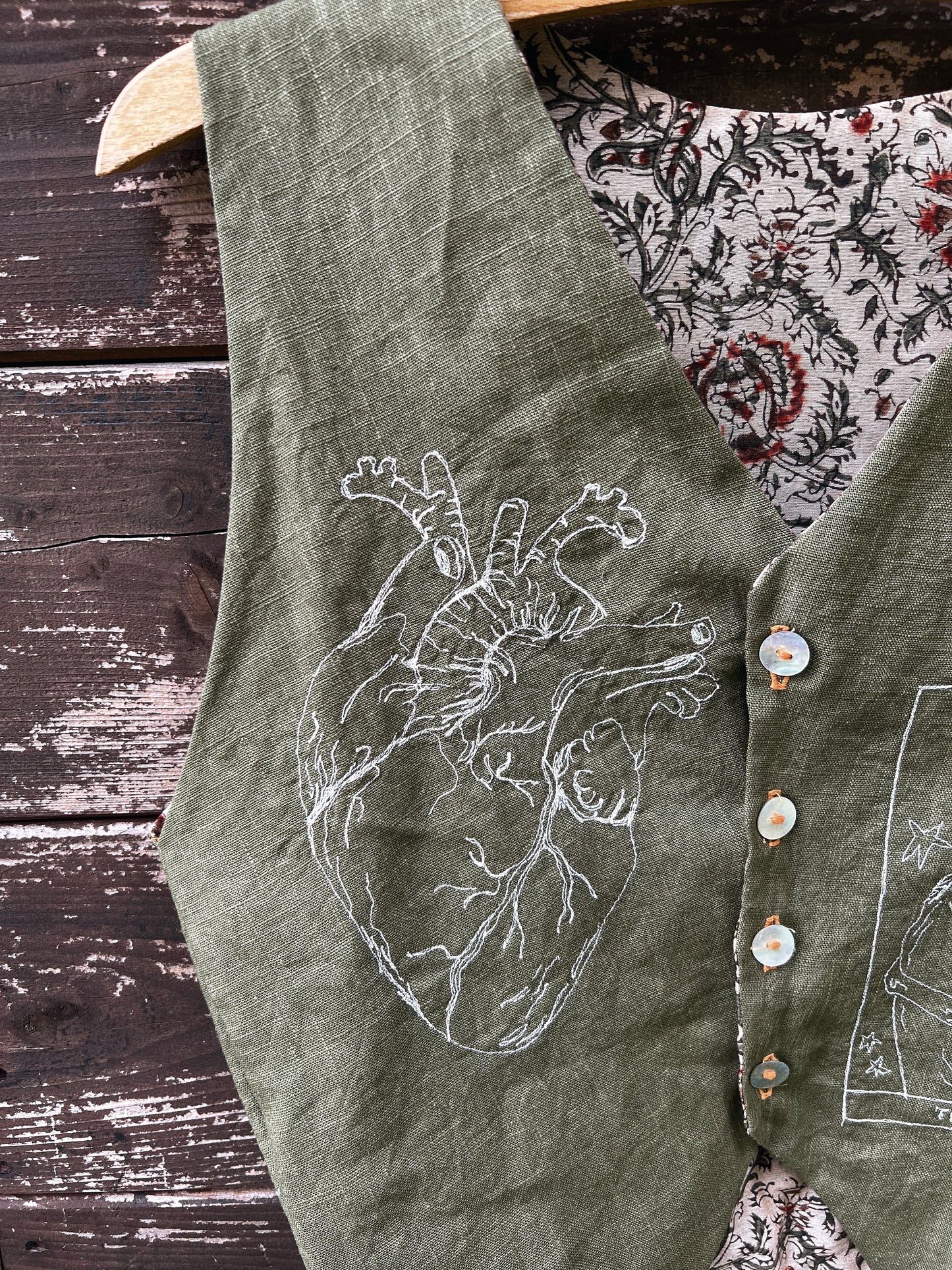 Embroidered Linen and natural block printed cotton vest size S