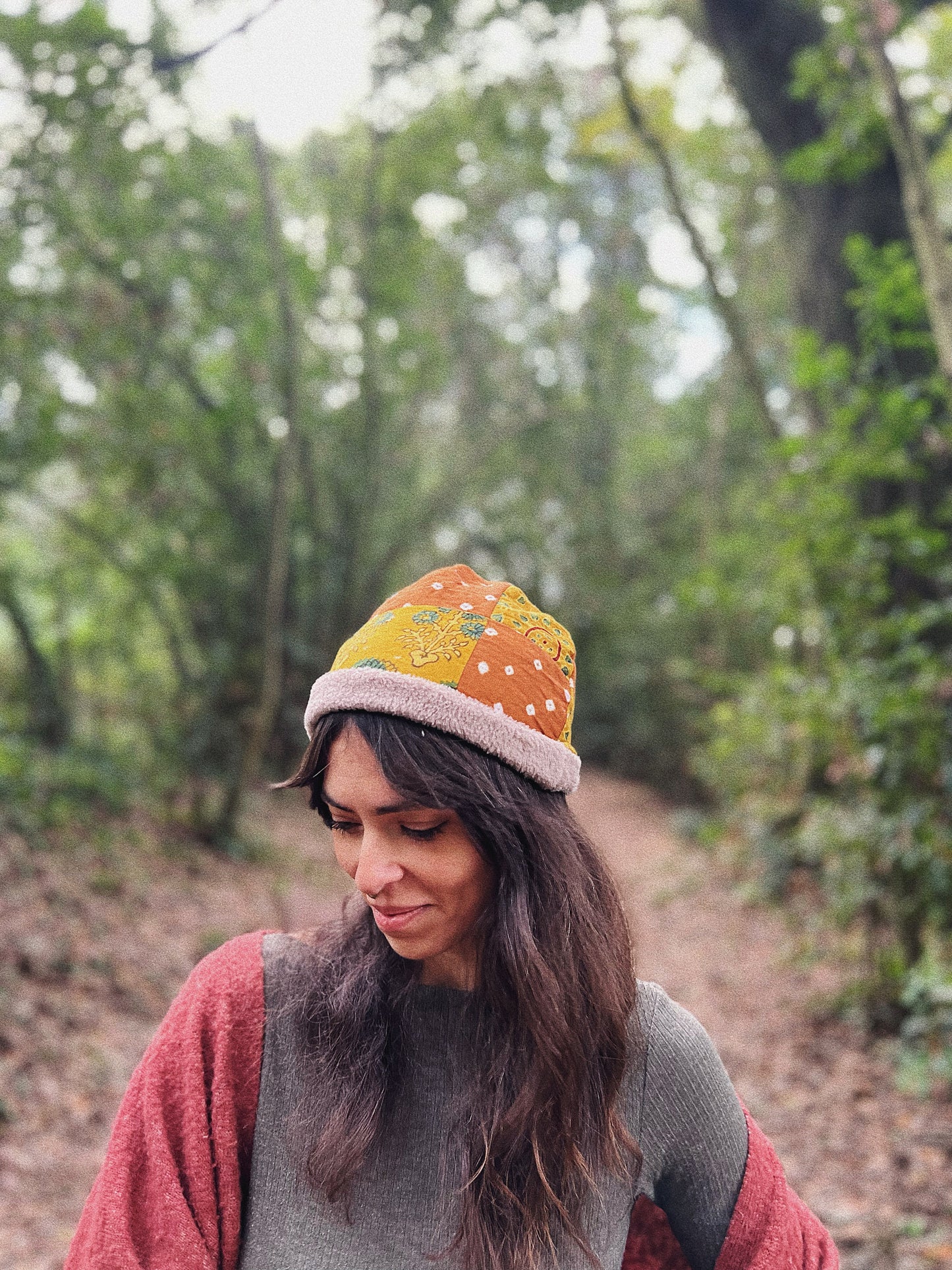 Quilted block printed cotton and fleece beanie hat