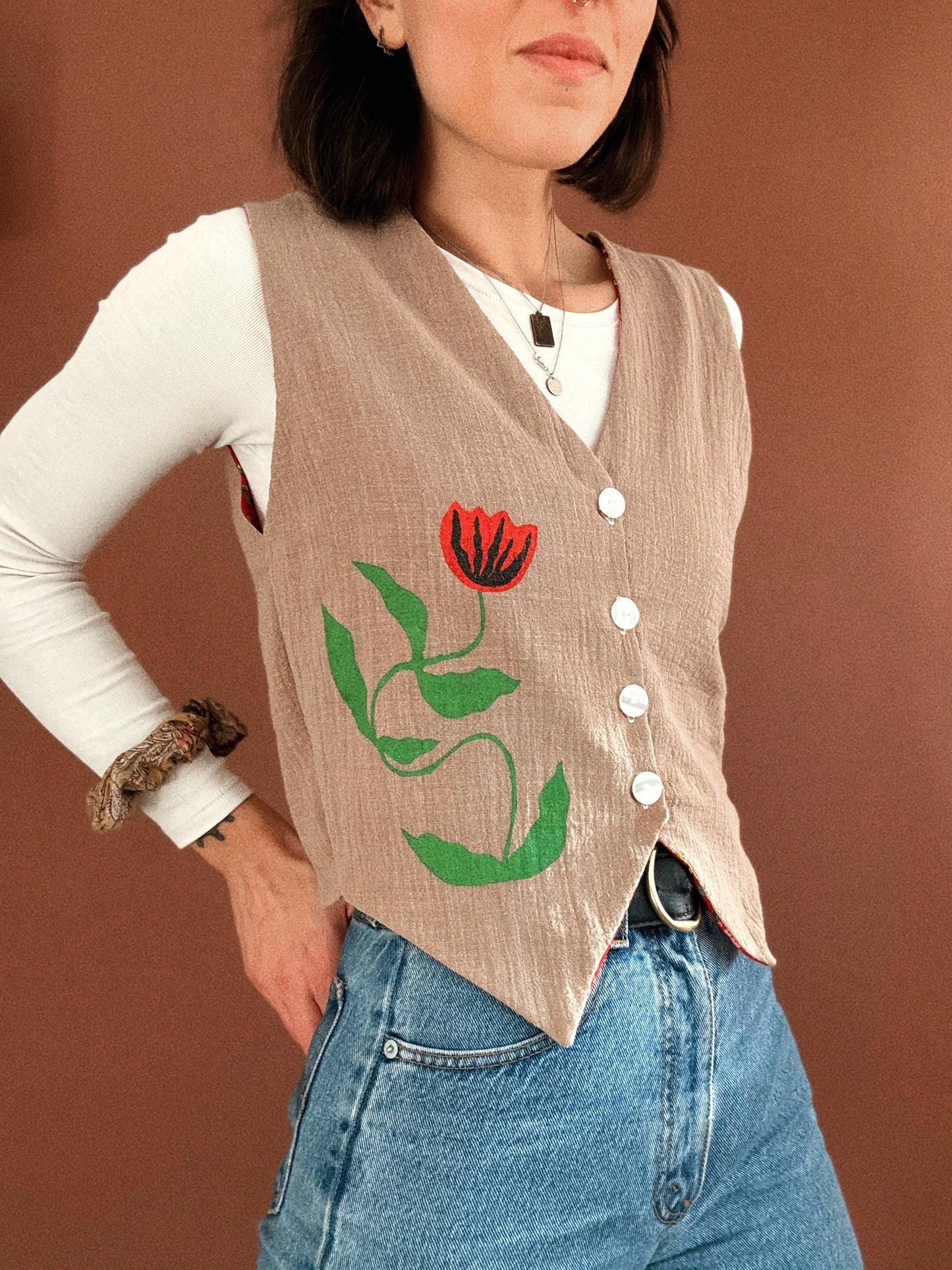 George vest ~ Stencil printed Linen and natural block printed cotton vest size S/M