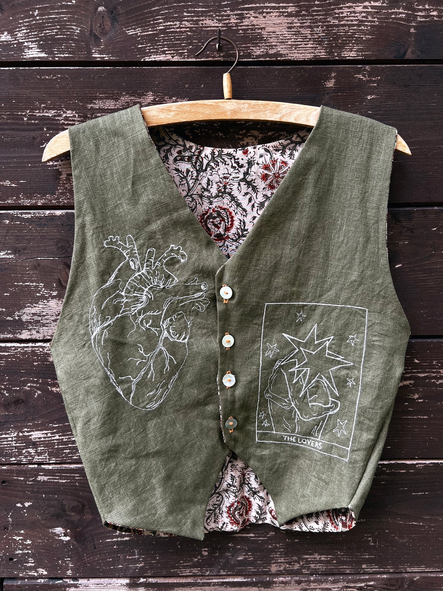 Embroidered Linen and natural block printed cotton vest size S