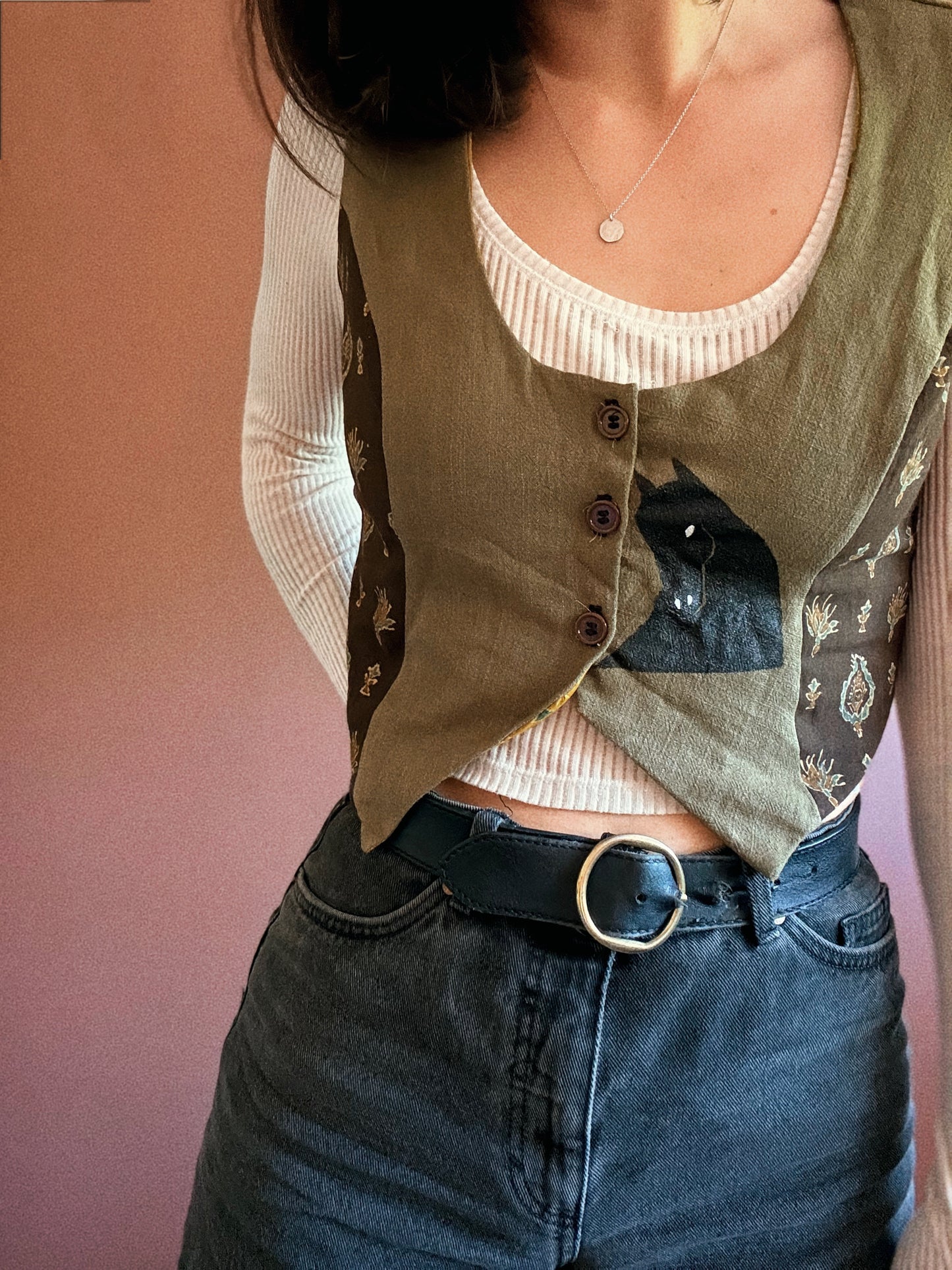 George vest ~ Stencil printed linen and vintage fabric vest size S/M