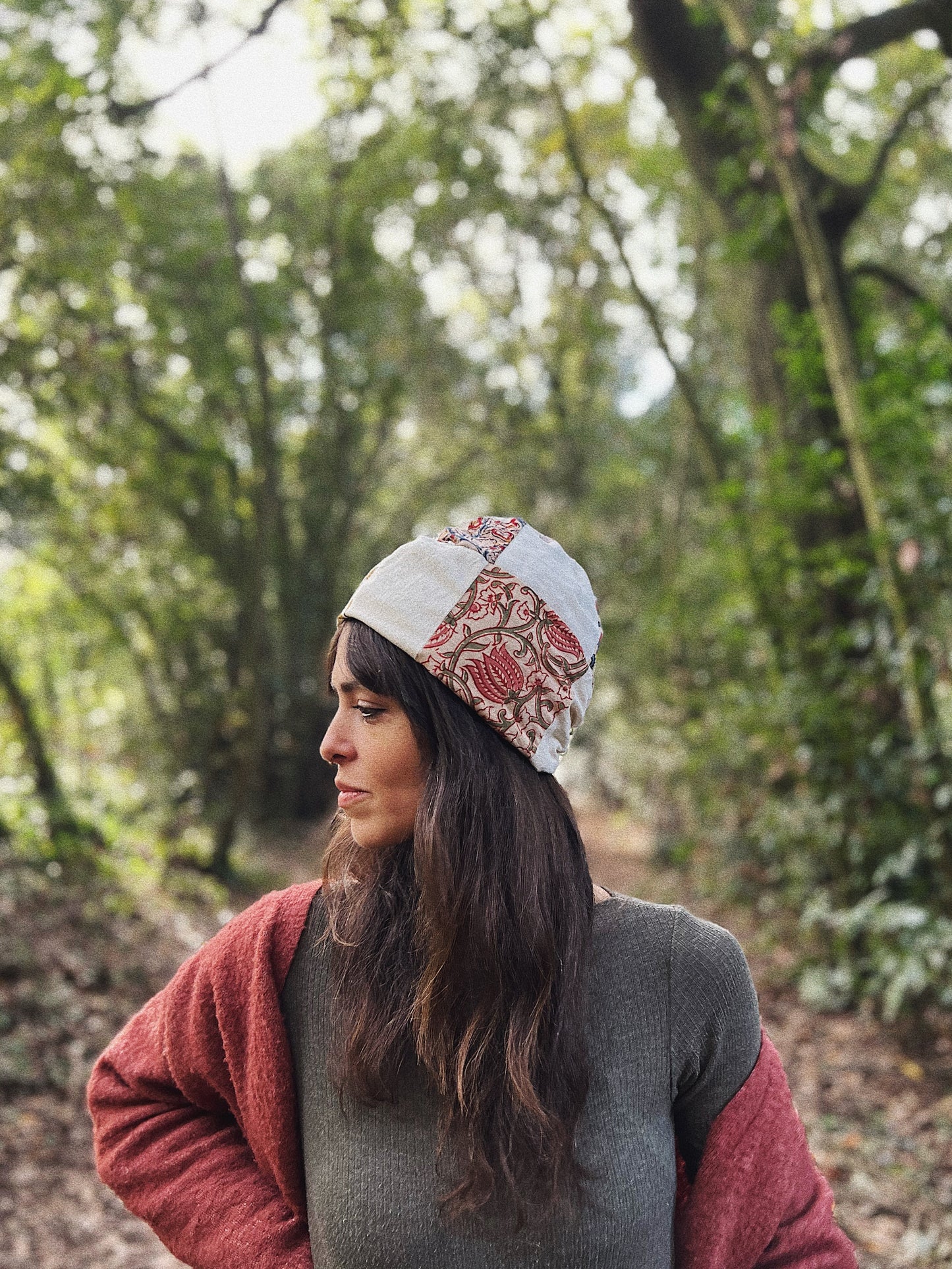 Quilted block printed cotton and fleece beanie hat