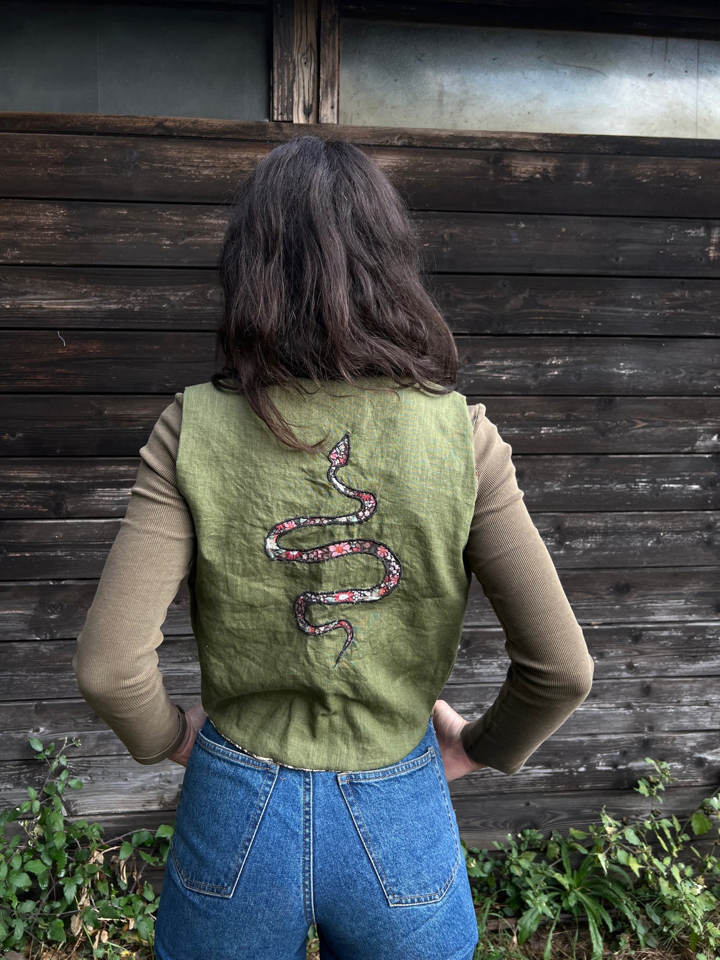 Embroidered Linen and natural block printed cotton vest size S