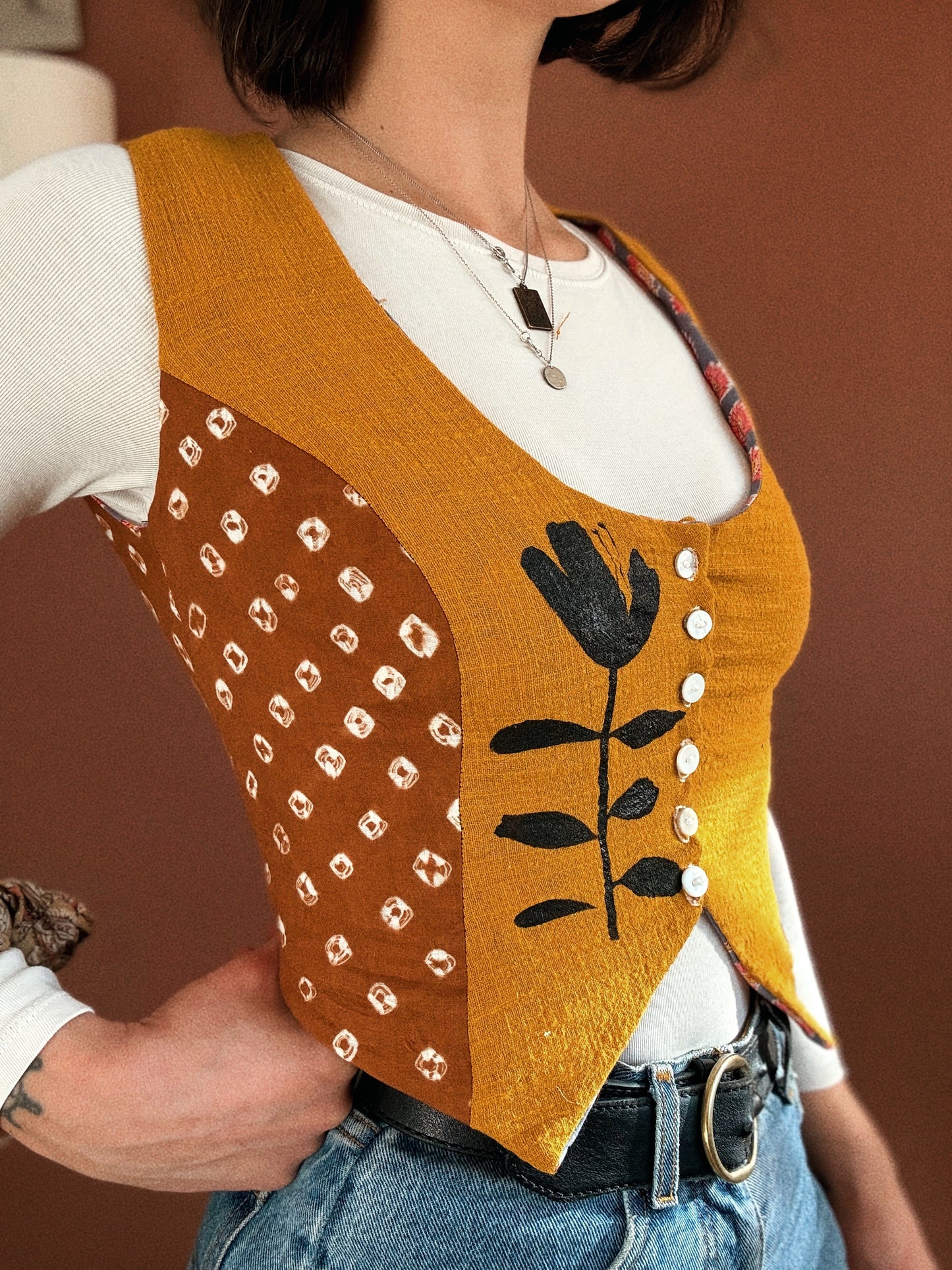 George vest ~ Stencil printed cotton and natural block printed cotton vest size S/M