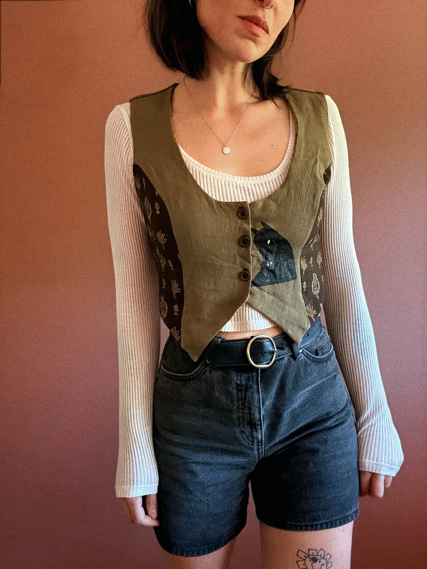 George vest ~ Stencil printed linen and vintage fabric vest size S/M