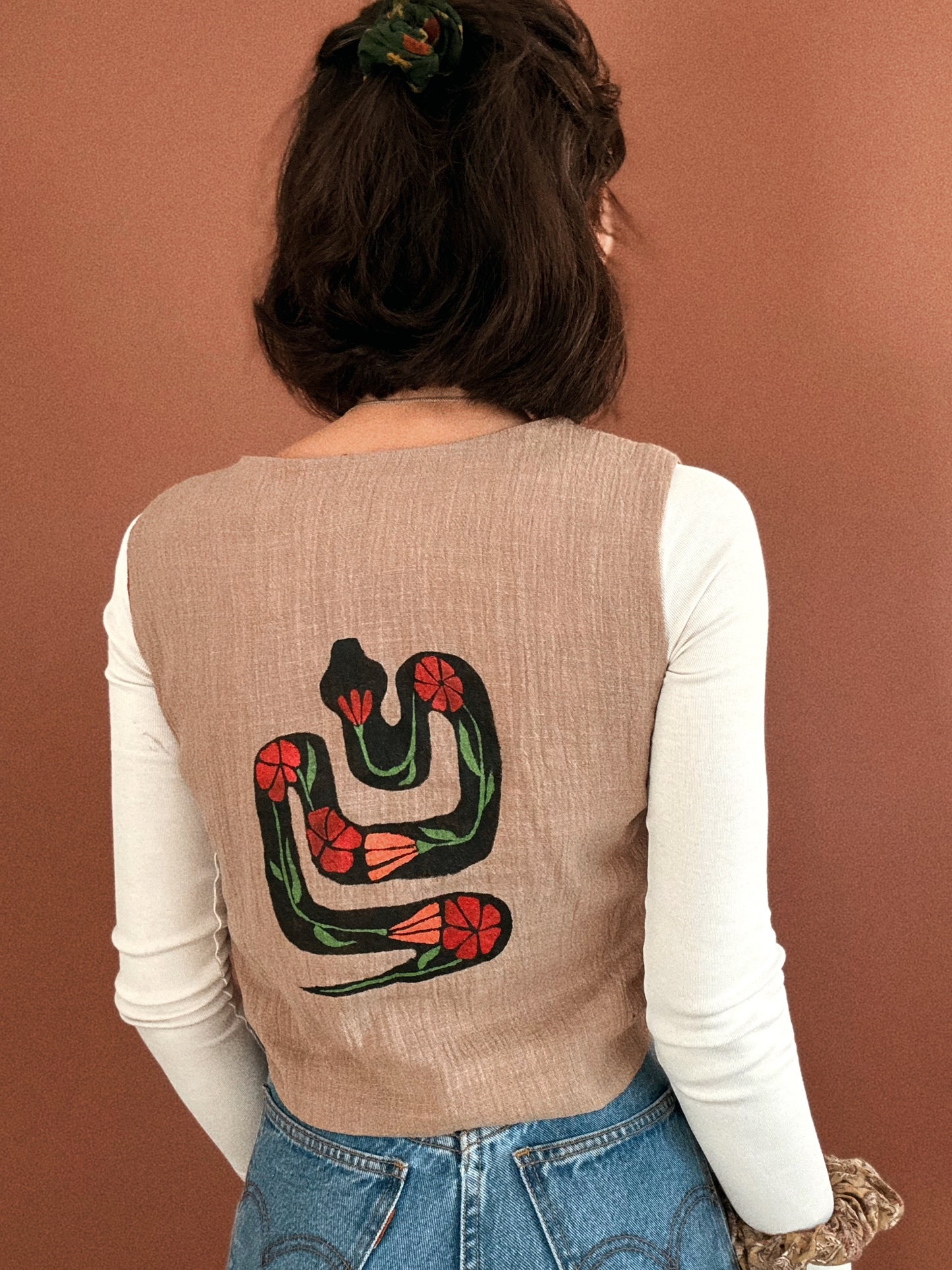 George vest ~ Stencil printed Linen and natural block printed cotton vest size S/M