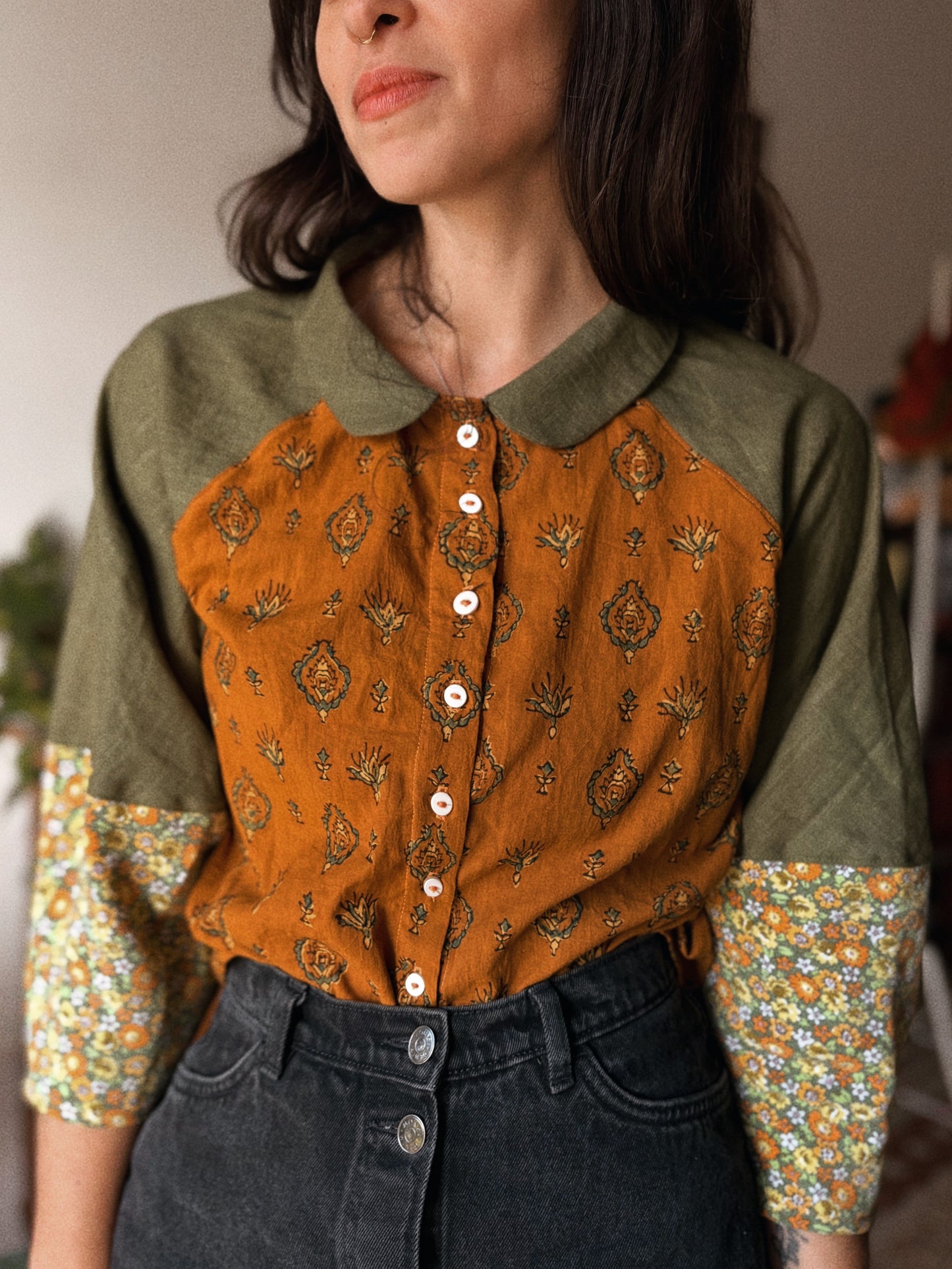 Block-printed Indian cotton and linen Blouse