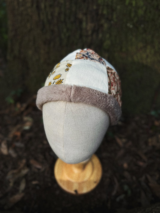 Quilted block printed cotton and fleece beanie hat