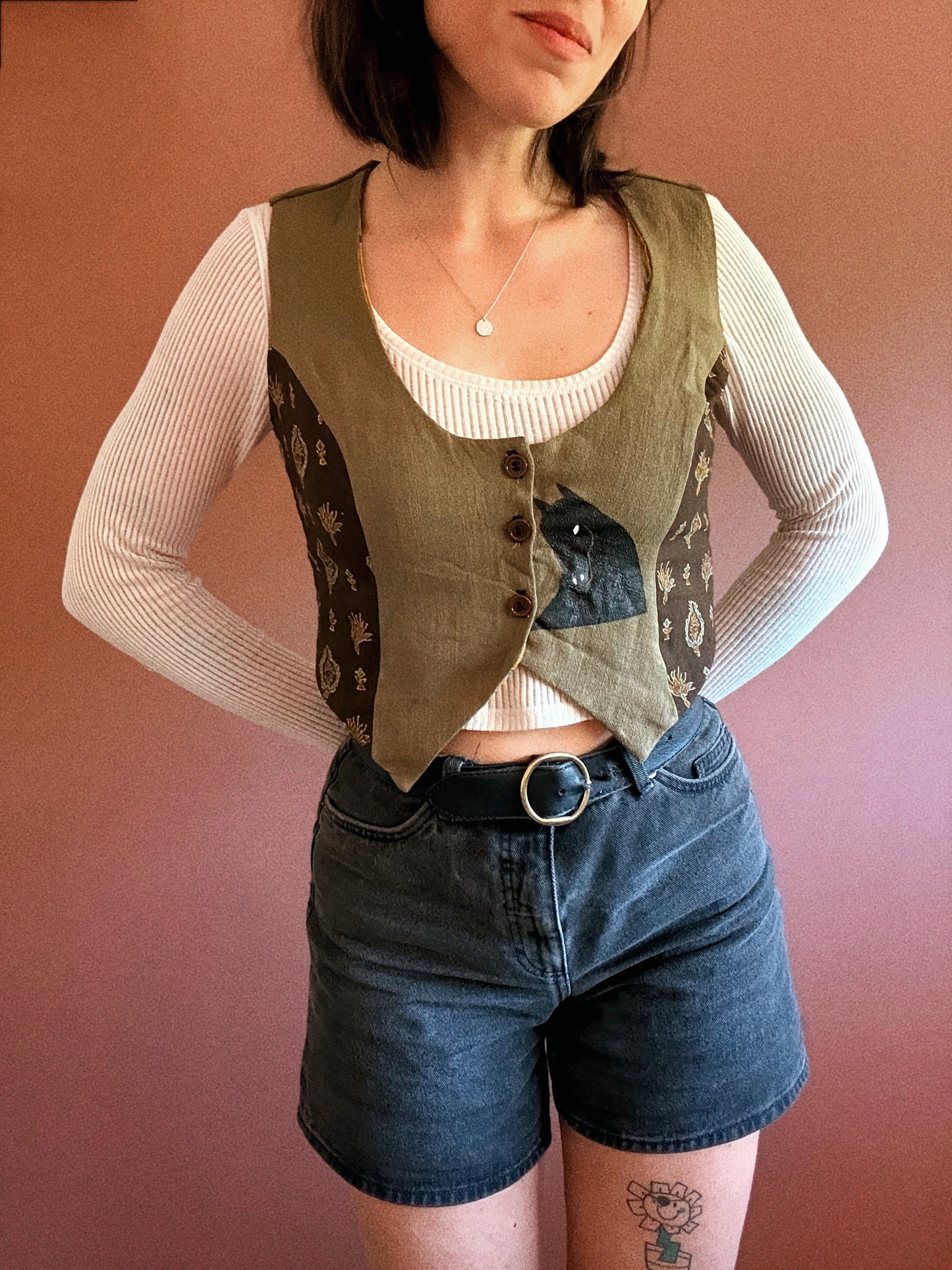 George vest ~ Stencil printed linen and vintage fabric vest size S/M