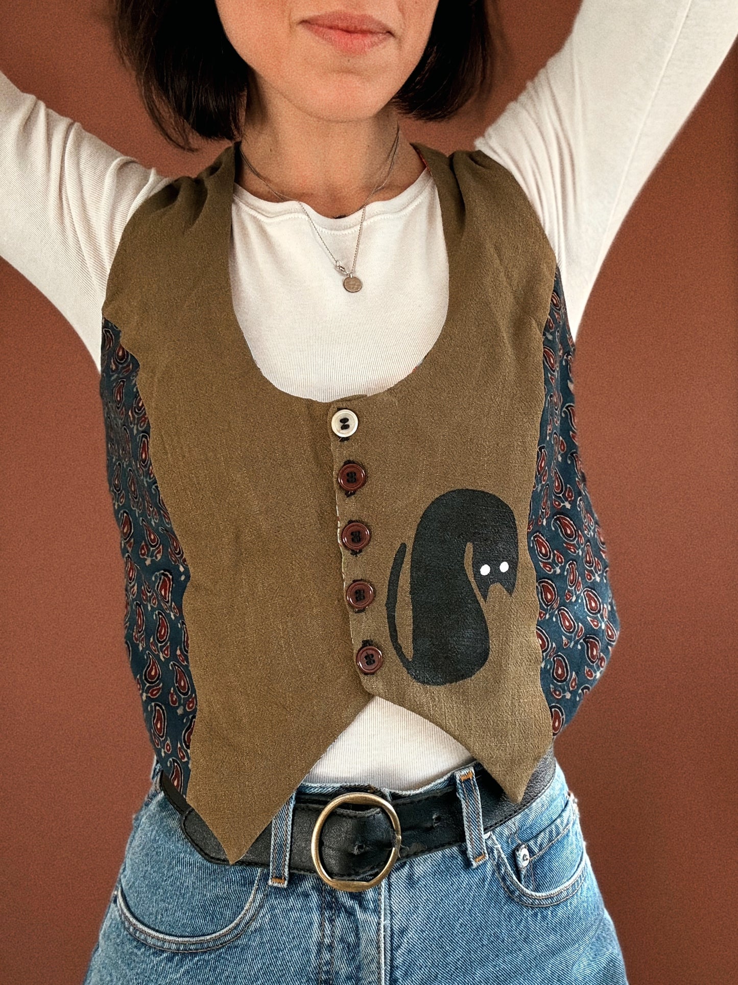 George vest ~ Stencil printed cotton and natural block printed cotton vest size S/M