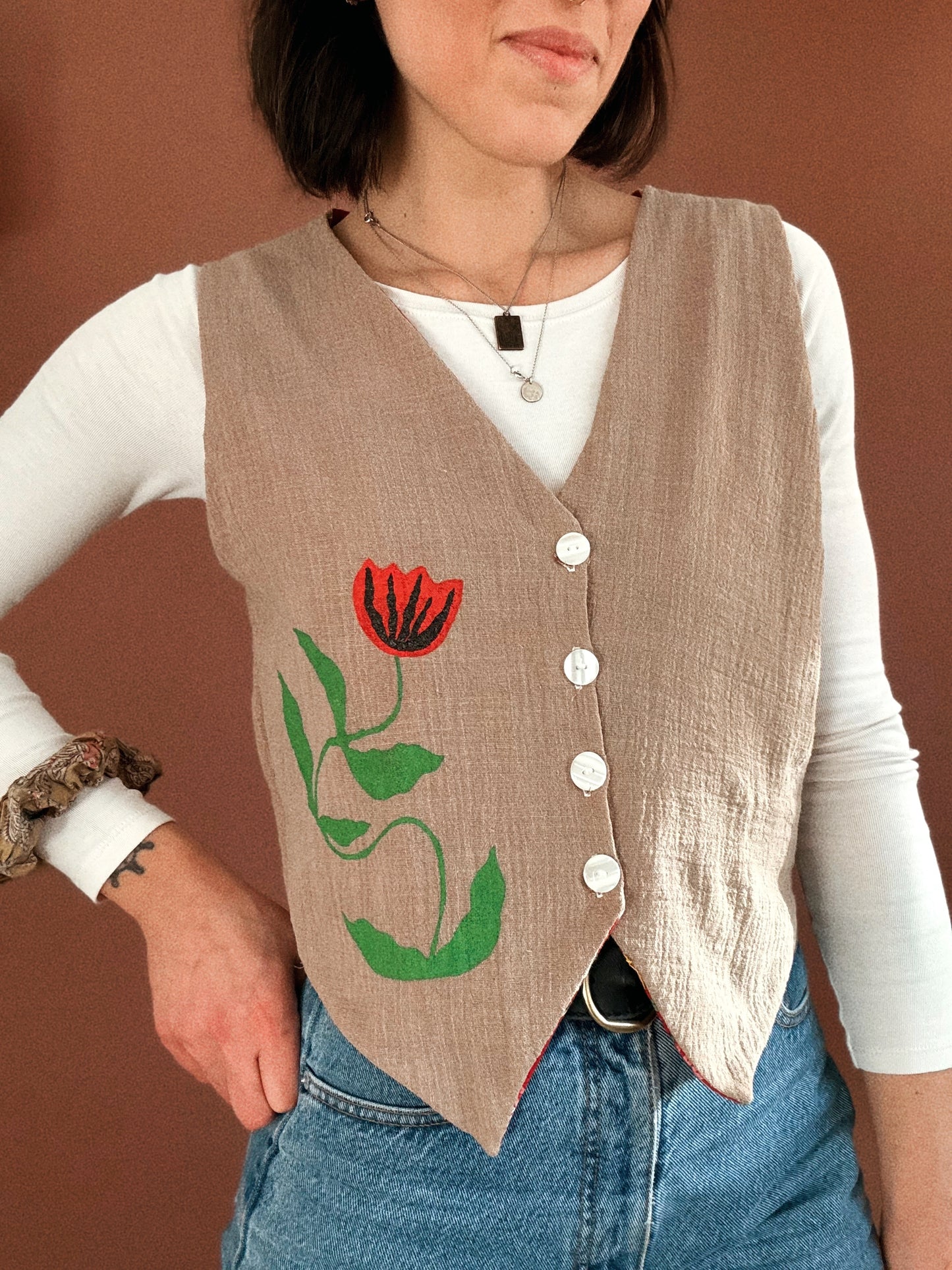 George vest ~ Stencil printed Linen and natural block printed cotton vest size S/M