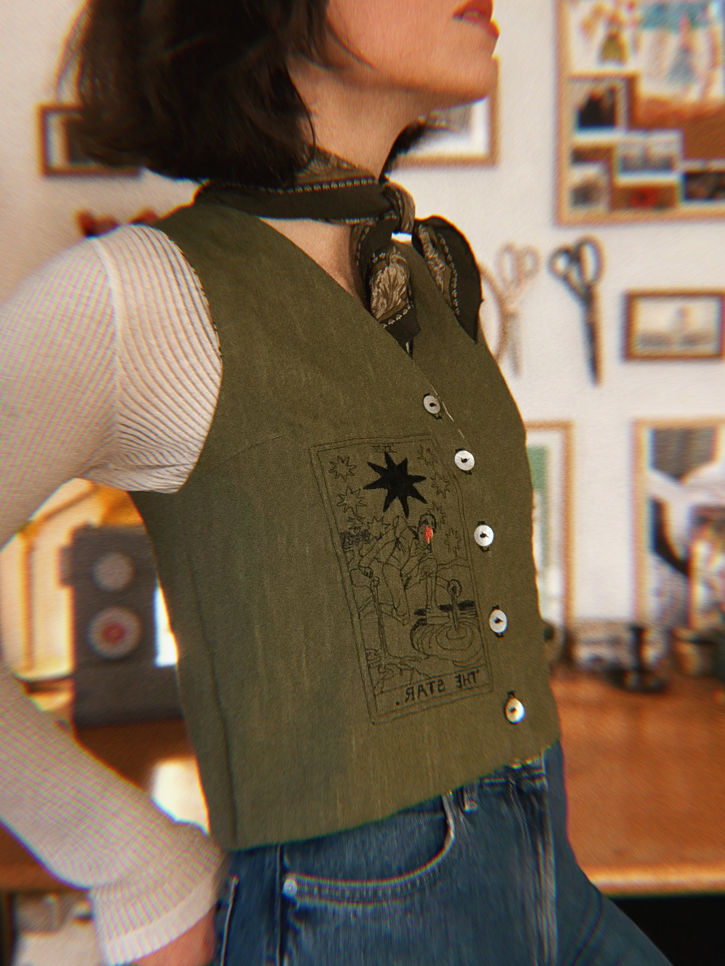 David Bowie ✨ Embroidered Linen and natural block printed cotton vest size S/M