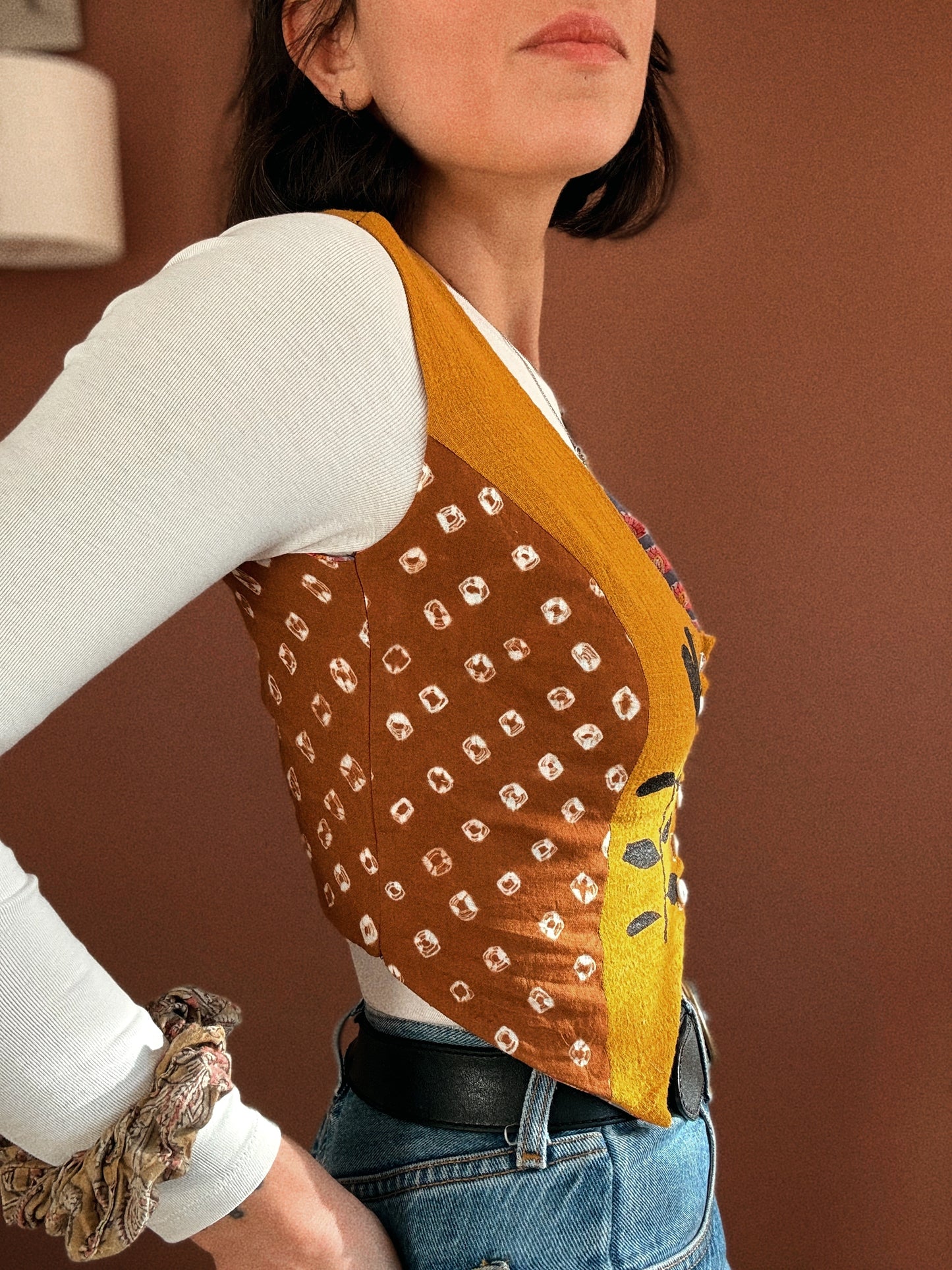 George vest ~ Stencil printed cotton and natural block printed cotton vest size S/M