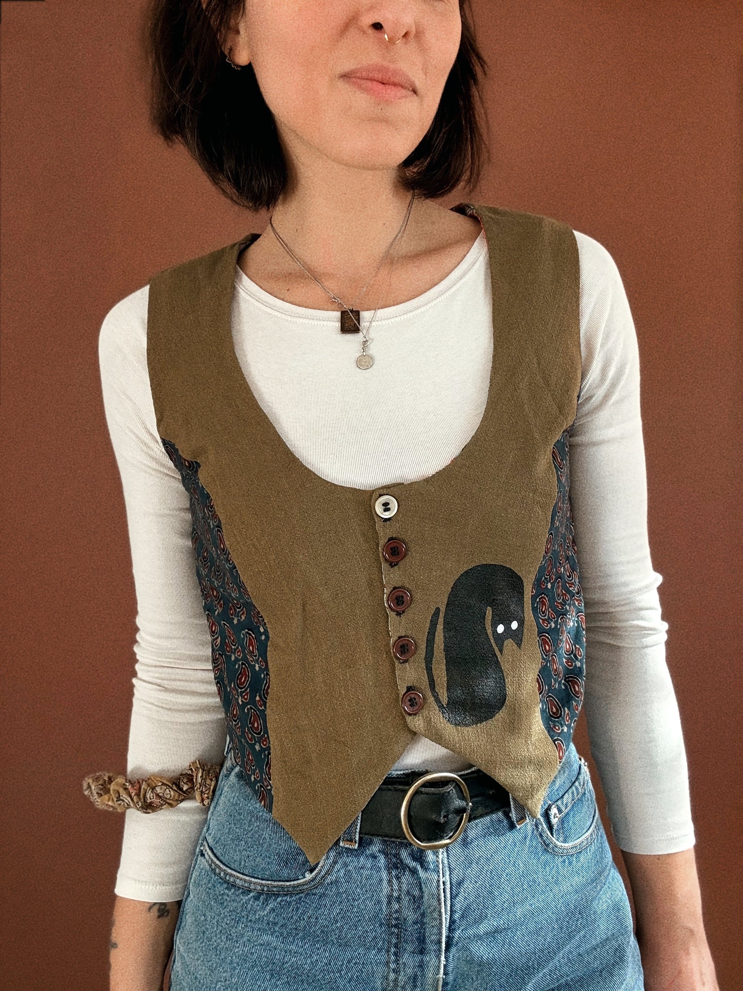 George vest ~ Stencil printed cotton and natural block printed cotton vest size S/M